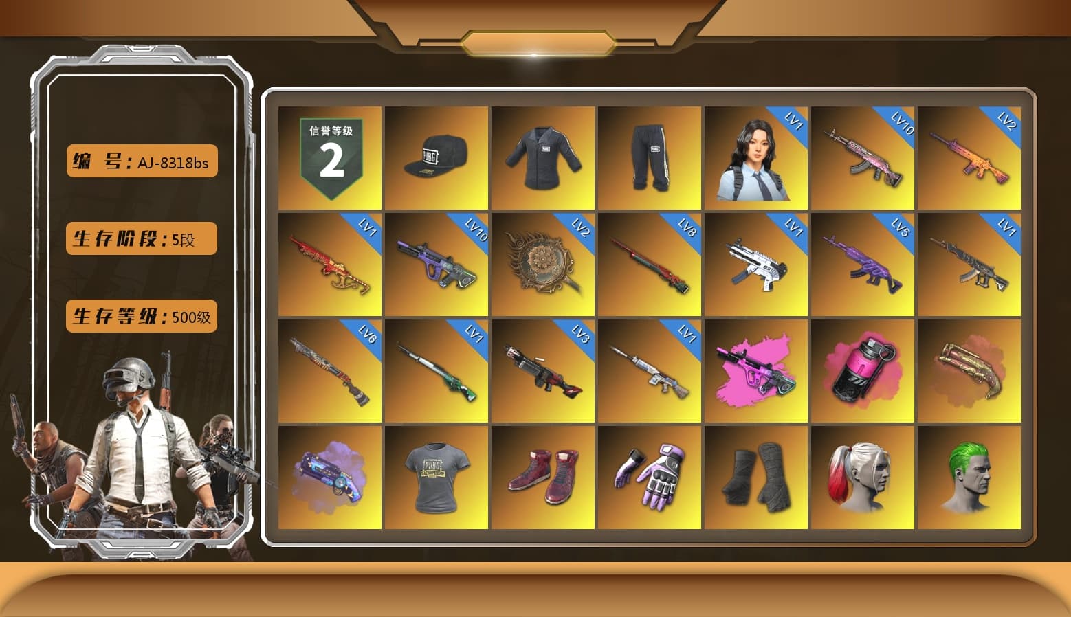 SEA Champ Training T-shirt, Magenta Smoke Grenade, Crimson Fog of Fury — M79, Purple Magical Mist — M79, Hi-top Trainers (Red), Heybox Gloves, Duncan's Infiltrator Handwraps, Harley Quinn's Hair, The Joker's Hair, «Cayenne Turbo GT» SUV, «Chiron» Sports Car, «V12 Vantage Roadster» Sports Car, «V12 Vantage Roadster (Luxe)» Sports Car, «DBX707» SUV, «Panigale V4 S (Pitch Black)» Motorcycle, Jonathan Kamau, Snow Glasses, PGC 2021 Contingent Chaos Mask, The Joker's Hair, Demon Biker Horns, Kansas Headband, La Catrina Makeup, PLAYERUNKNOWN's Bandana, Heavy Fur Coat (Black), SOOP T-Shirt, Escapee Jacket, Jailbird T-Shirt, Rash Vest, Rash Beixli Xtra Tough Jacket, Pubg X Newjeans, Aespa, Polar Bear Feet, Harley Quinn's Hair, Rash Beixli Xtra Tough Jacket, SEA Champ Training Snapback, SEA Champ Training Pants, SEA Champ Training T-shirt, PGI 2018 «Four Angry Men» Hoodie, PEL 2019 Phase 2 Jacket, XingHun's Tiger Strike Jacket, XingHun's Tiger Strike Pants, NPL 2019 Phase 2 Jacket, PKL 2019 Phase 2 Jacket, «DBX707» SUV, Sideshow Bear Feet, Exquisite Pants, XiongDi Hoodie, StreamerOne, GPT 2025 Four Angry Men Jacket, Training Jacket (Green), Full Autumn — M416, Bengal Blade - SCAR-L, Silver Plate — Mini14, Rose-tinted Glasses, HUYA T-shirt, DOUYU T-shirt - 1