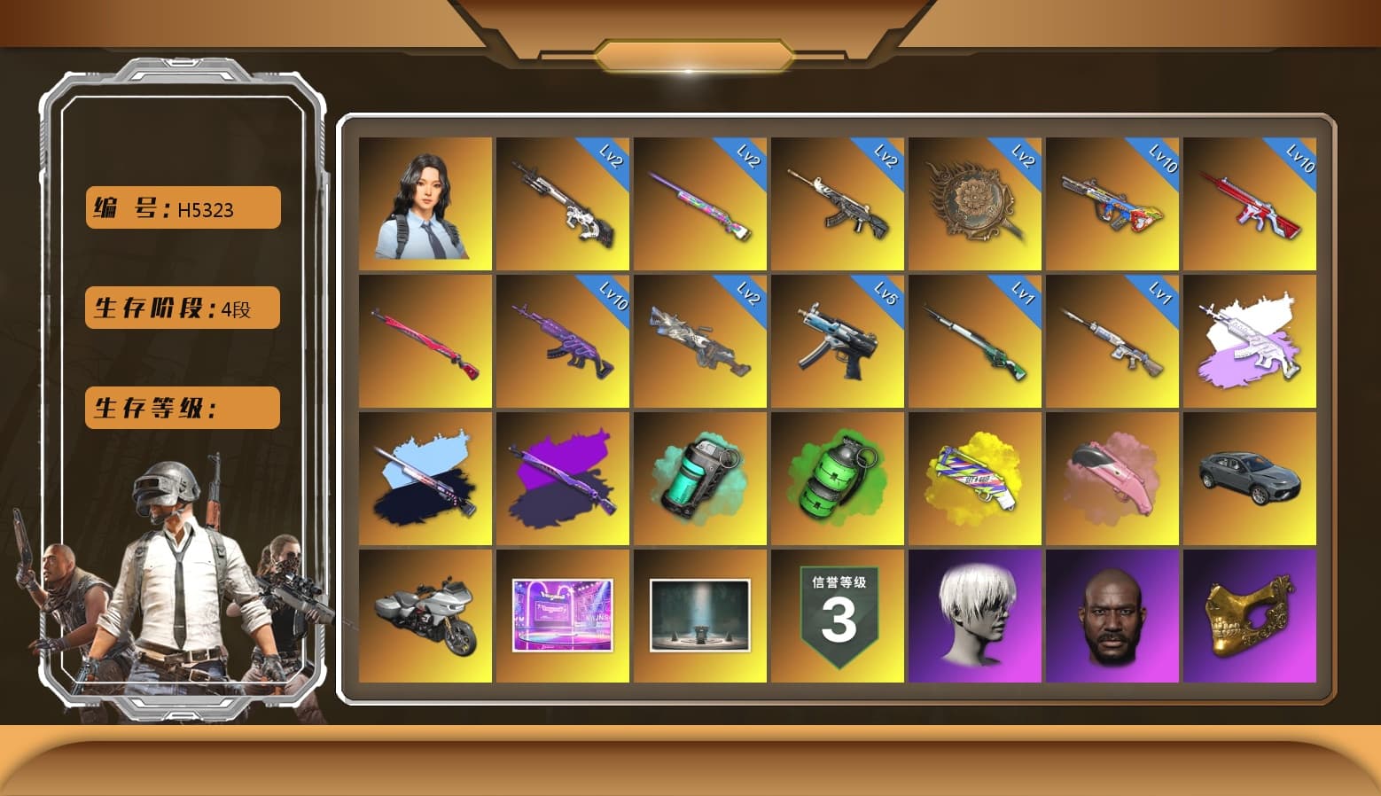 Medusa — Beryl M762 [MAX], Winter Eclipse — MP5K [MAX], Bumper Blaster — AUG [MAX], Emerald Smoke Grenade, Pink Flamingo Fling - M79, Pretend Prototype - SLR, No Signal — M416, Cyber Threat — Mk12, Over the Rainbow — M24, Demon Hunter — ACE32, Tang Sanzang — Pan, Cerberus — M249, Midnight Menace — Kar98k, Hanna, Danucd's Gloves, PGC 2021 Contingent Chaos Mask, Jonathan Kamau, Demon Biker Horns, 9S's Hairstyle, Nier, Harley Quinn's Hair, Pubg X Newjeans, Medusa — Beryl M762 (Gray Purple), Teal Smoke Grenade, Yellow Fog of Fury — M79, Cosmic Caliber - Kar98k - 1