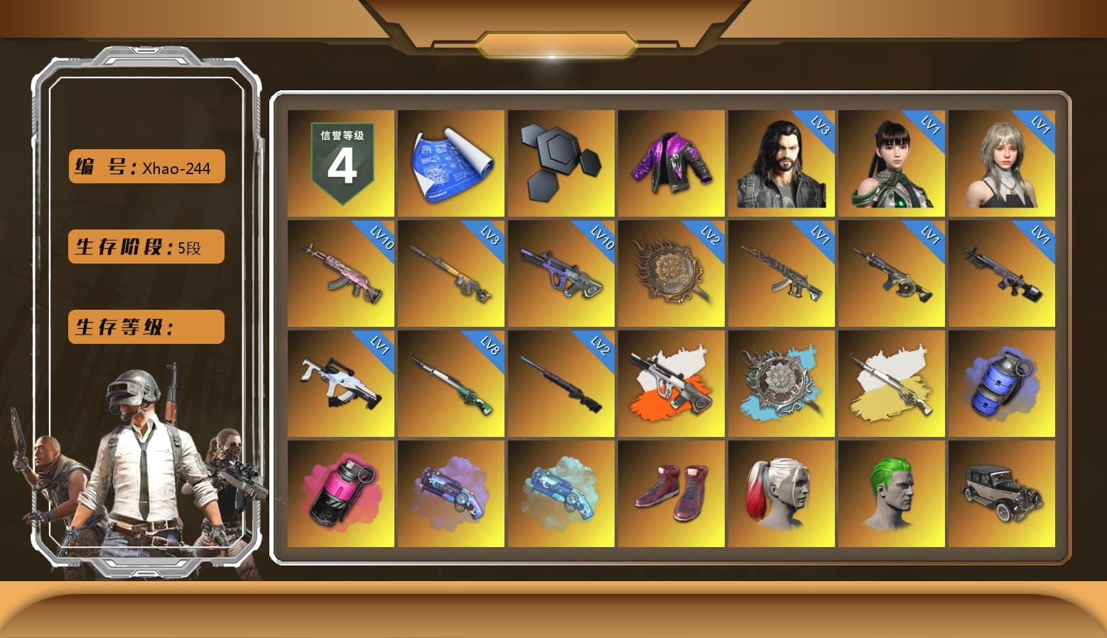 Neon Dream - AUG (White Orange), Cosmic Caliber - Kar98k (White Yellow), Blue Smoke Grenade, Magenta Smoke Grenade, Purple Magical Mist — M79, Blue Magical Mist — M79, Hi-top Trainers (Red), Harley Quinn's Hair, The Joker's Hair, «Cayenne Turbo GT» SUV, «V12 Vantage Roadster» Sports Car, «V12 Vantage Roadster (Luxe)» Sports Car, «DBX707» SUV, 9S's Hairstyle, Jonathan Kamau, Snow Glasses, PGC 2021 Contingent Chaos Mask, The Joker's Hair, Demon Biker Horns, PLAYERUNKNOWN's Bandana, Heavy Fur Coat (Black), Escapee Jacket, Jailbird T-Shirt, Rash Beixli Xtra Tough Jacket, Pubg X Newjeans, Polar Bear Feet, Nier, Rash Beixli Xtra Tough Jacket, JennaJulien's Pleated Skirt, PGI Ringside Hoodie, PEL 2019 Phase 2 Jacket, XingHun's Tiger Strike Jacket, XingHun's Tiger Strike Pants, NPL 2019 Phase 2 Jacket, PJS 2019 Phase 2 Jacket, PKL 2019 Phase 2 Jacket, «DBX707» SUV, Sideshow Bear Feet, Exquisite Pants, StreamerOne, GPT 2025 Four Angry Men Jacket, Training Jacket (Green), Full Autumn — M416, Bengal Blade - SCAR-L, Crimson Snowflake - QBZ, Silver Plate — Mini14, Blue Thunder Gloves, 2018 PUBG ALL-STAR T-shirt (Korean) - 1