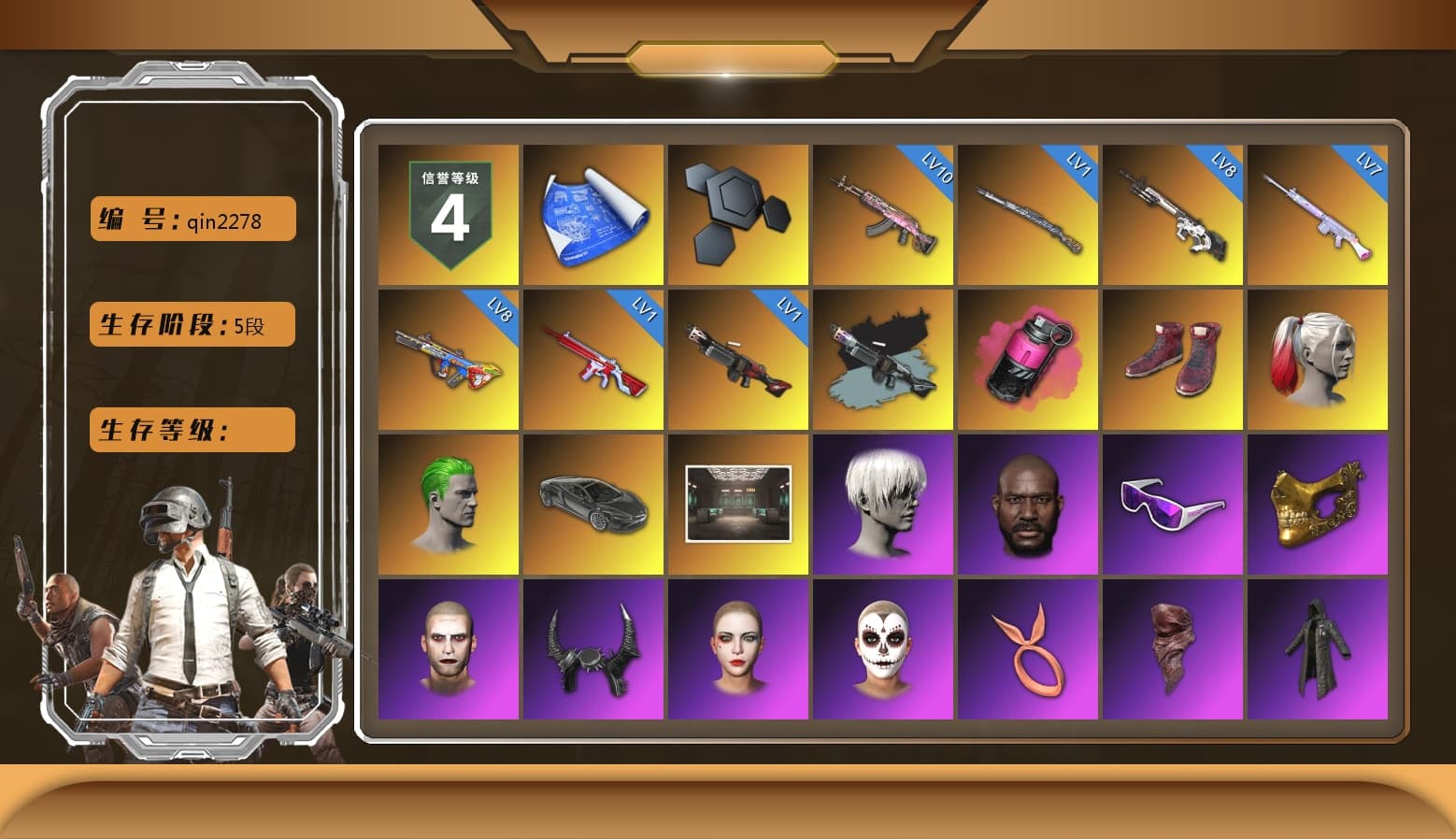 Ride or Die - M249 (Black Teal), Magenta Smoke Grenade, Hi-top Trainers (Red), Harley Quinn's Hair, The Joker's Hair, Jonathan Kamau, 9S's Hairstyle, Snow Glasses, PGC 2021 Contingent Chaos Mask, Demon Biker Horns, La Catrina Makeup, The Joker's Hair, PLAYERUNKNOWN's Bandana, Heavy Fur Coat (Black), Polar Bear Feet, Rash Beixli Xtra Tough Jacket, Nier, Harley Quinn's Hair, Hairstyle PGI.S, Rash Beixli Xtra Tough Jacket, Harley Quinn's Makeup, XingHun's Tiger Strike Jacket, XingHun's Tiger Strike Pants, NPL 2019 Phase 2 Jacket, PKL 2019 Phase 2 Jacket, Sha Wujing's Shorts, StreamerOne, Full Autumn — M416, Blue Thunder Gloves, Diva Glasses (White) - 1