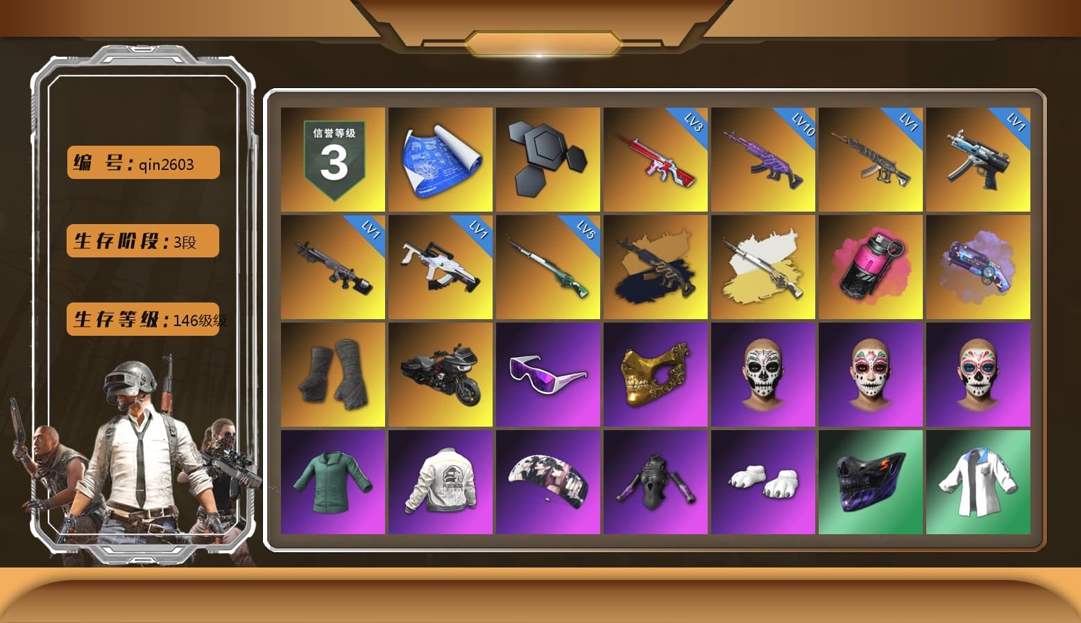 Medusa — Beryl M762 (Gold Charcoal), Cosmic Caliber - Kar98k (White Yellow), Magenta Smoke Grenade, Purple Magical Mist — M79, Duncan's Infiltrator Handwraps, Snow Glasses, PGC 2021 Contingent Chaos Mask, Polar Bear Feet, Aespa, Harley Quinn's Hair, PEL 2019 Phase 2 Jacket, XingHun's Tiger Strike Jacket, XingHun's Tiger Strike Pants, NPL 2019 Phase 2 Jacket, PKL 2019 Phase 2 Jacket, Sideshow Bear Feet, Exquisite Pants, StreamerOne, GPT 2025 Four Angry Men Jacket, Full Autumn — M416, Blue Thunder Gloves, GLL Grand Slam Sweatshirt - 1