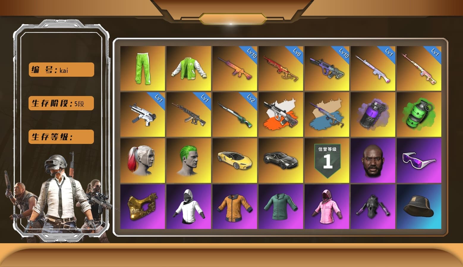 Yule Sleigh — Mini14 [MAX], Neon Dream — AUG [MAX], Cosmic Caliber - Kar98k [1], Emerald Smoke Grenade, Trick-or-treat — M416, ZERO-G — MP5K, Deadly Dollhouse — SLR, Rash Beixli Xtra Tough Jacket, Harley Quinn's Hair, Harley Quinn's Hair, Jonathan Kamau, PGC 2021 Contingent Chaos Mask, The Joker's Hair, Snow Glasses, Danucd's Gloves, Rash Beixli Xtra Tough Jacket, NVIDIA Varsity Jacket, «V12 Vantage Roadster» Sports Car, Purple Smoke Grenade, Demon's Touch — ACE32, Neon Dream - AUG (White Orange), Yule Sleigh - Mini14 (Gold Blue) - 1