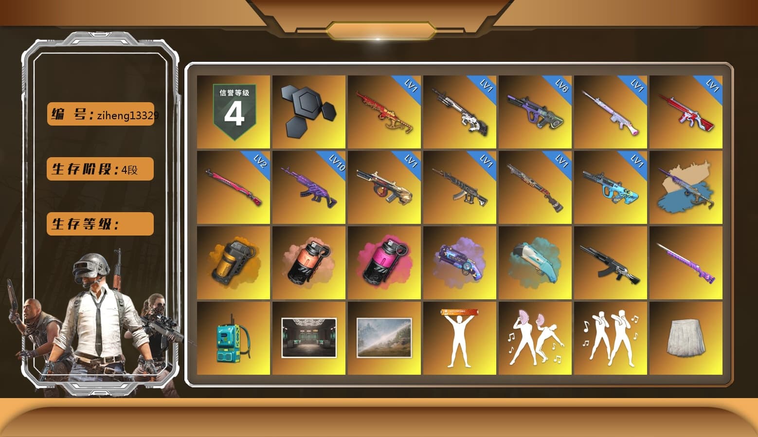 Yule Sleigh - Mini14 (Gold Blue), Orange Smoke Grenade, Coral Smoke Grenade, Magenta Smoke Grenade, Purple Magical Mist — M79, Blue Flamingo Fling - M79, Hi-top Trainers (Red), SkipNhO's SLR, Lumi's Kar98k, 9S's Hairstyle, Snow Glasses, PGC 2021 Contingent Chaos Mask, Demon Biker Horns, PLAYERUNKNOWN's Bandana, Heavy Fur Coat (Black), Rash Beixli Xtra Tough Jacket, Polar Bear Feet, Nier, Rash Beixli Xtra Tough Jacket, JennaJulien's M24, XingHun's Tiger Strike Jacket, XingHun's Tiger Strike Pants, NPL 2019 Phase 2 Jacket, PJS 2019 Phase 2 Jacket, Exquisite Pants, Sha Wujing's Shorts, Training Jacket (Green), Full Autumn — M416, Gold Plate — M416, Blue Thunder Gloves - 1