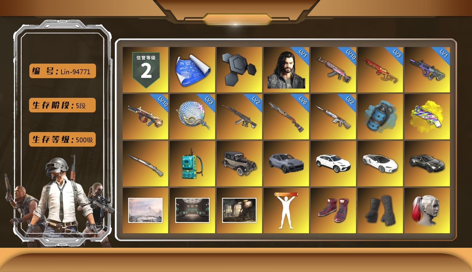 Azure Smoke Grenade, Yellow Fog of Fury — M79, «Cayenne Turbo GT» SUV, «Urus S» SUV, «V12 Vantage Roadster» Sports Car, Hi-top Trainers (Red), Duncan's Infiltrator Handwraps, Harley Quinn's Hair, The Joker's Hair, Jonathan Kamau, Snow Glasses, PGC 2021 Contingent Chaos Mask, The Joker's Hair, PLAYERUNKNOWN's Bandana, Heavy Fur Coat (Black), SOOP T-Shirt, Blackpink, Polar Bear Feet, Harley Quinn's Hair, Harley Quinn's Makeup, PEL 2019 Phase 2 Jacket, XingHun's Tiger Strike Jacket, XingHun's Tiger Strike Pants, NPL 2019 Phase 2 Jacket, Sideshow Bear Feet, Exquisite Pants, MET Asia Series Distressed Jeans, StreamerOne, Full Autumn — M416, «DBX707» SUV - 1
