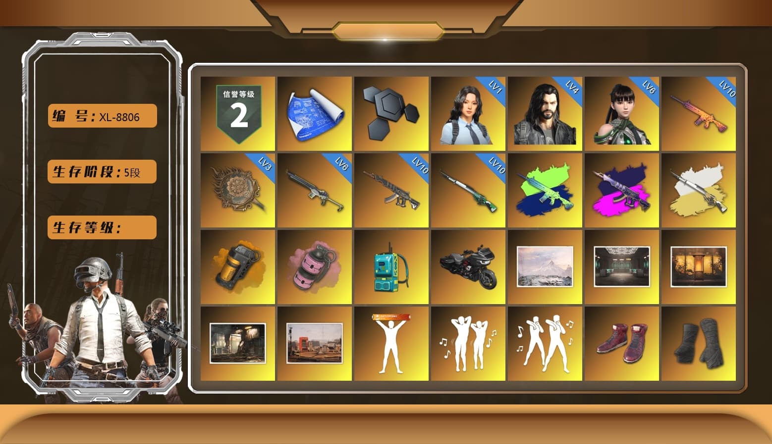 Demon's Touch - ACE32 (Purple Fuchsia), Cosmic Caliber - Kar98k (White Yellow), Orange Smoke Grenade, Pink Smoke Grenade, Hi-top Trainers (Red), Duncan's Infiltrator Handwraps, Harley Quinn's Hair, Jonathan Kamau, Snow Glasses, PGC 2021 Contingent Chaos Mask, Demon Biker Horns, PLAYERUNKNOWN's Bandana, Heavy Fur Coat (Black), Rash Beixli Xtra Tough Jacket, Polar Bear Feet, "CVO™ Road Glide® ST" Motorcycle, Rash Beixli Xtra Tough Jacket, PML 2019 Phase 2 Jacket, NPL 2019 Phase 2 Jacket, PJS 2019 Phase 2 Jacket, Sha Wujing's Shorts, StreamerOne, Full Autumn — M416, Festive Gloves (Red), Crash Test Handwraps, Diva Glasses (White), 2018 PUBG ALL-STAR T-shirt (Korean), HUYA T-shirt, DOUYU T-shirt - 1