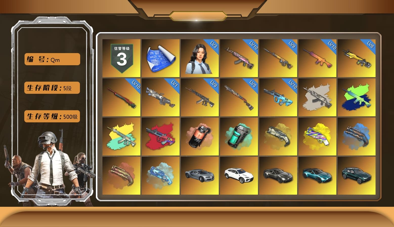 G-DRAGON — AUG (Red), Coral Smoke Grenade, Teal Smoke Grenade, Ivory Fog of Fury — M79, Yellow Fog of Fury — M79, Blue Fog of Fury — M79, Crimson Fog of Fury — M79, Blue Magical Mist — M79, «Urus S» SUV, «V12 Vantage Roadster» Sports Car, «V12 Vantage Roadster (Luxe)» Sports Car, «DBX707» SUV, «Panigale V4 S (Pitch Black)» Motorcycle, Hi-top Trainers (Red), Duncan's Infiltrator Handwraps, Harley Quinn's Hair, The Joker's Hair, 9S's Hairstyle, Jonathan Kamau, Snow Glasses, PGC 2021 Contingent Chaos Mask, The Joker's Hair, Demon Biker Horns, PLAYERUNKNOWN's Bandana, Heavy Fur Coat (Black), Rash Beixli Xtra Tough Jacket, Aespa, Polar Bear Feet, Nier, Harley Quinn's Hair, Rash Beixli Xtra Tough Jacket, Harley Quinn's Makeup, XingHun's Tiger Strike Jacket, XingHun's Tiger Strike Pants, PJS 2019 Phase 2 Jacket, «DBX707» SUV, Exquisite Pants, XiongDi Hoodie, StreamerOne, GPT 2025 Four Angry Men Jacket, Training Jacket (Green), Full Autumn — M416, Bengal Blade - SCAR-L, Diva Glasses (White) - 1
