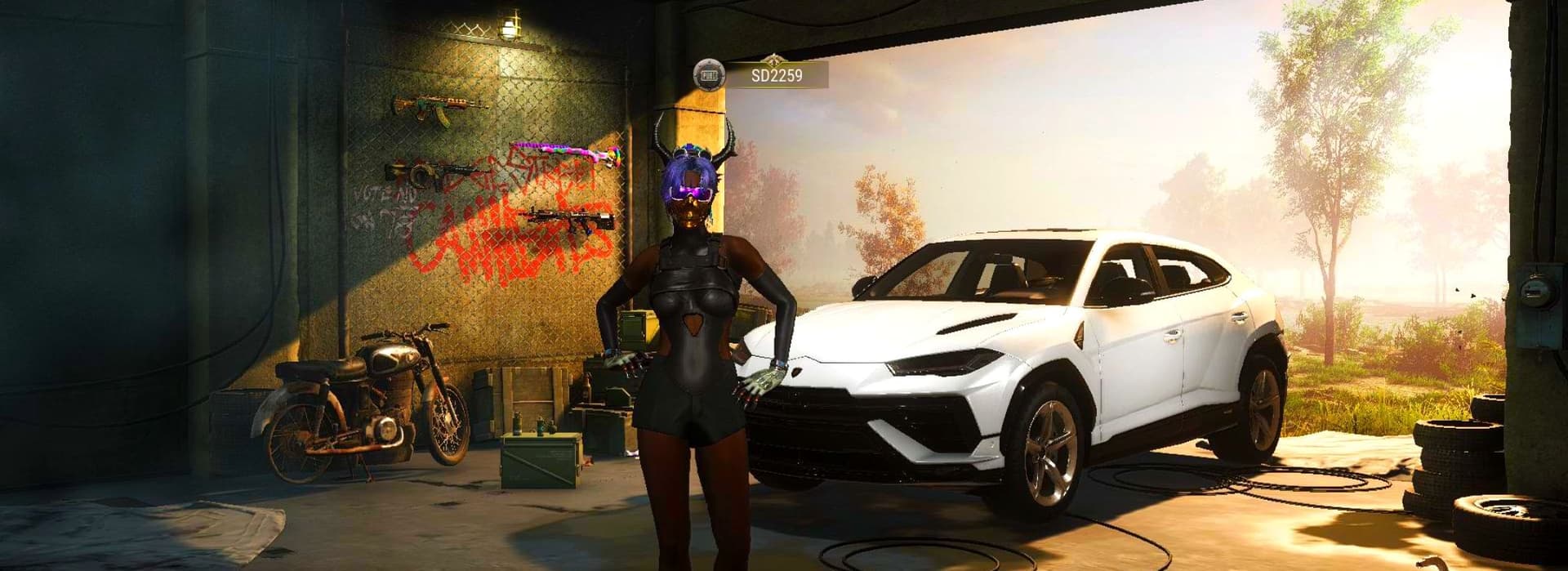 Over the Rainbow — M24, Darkest Depths — Beryl M762, Harley Quinn's Hair, PGC 2021 Contingent Chaos Mask, Snow Glasses, Demon Biker Horns, Danucd's Gloves, «Urus S» SUV, Coral Smoke Grenade, Obscura - Mk12 - 1