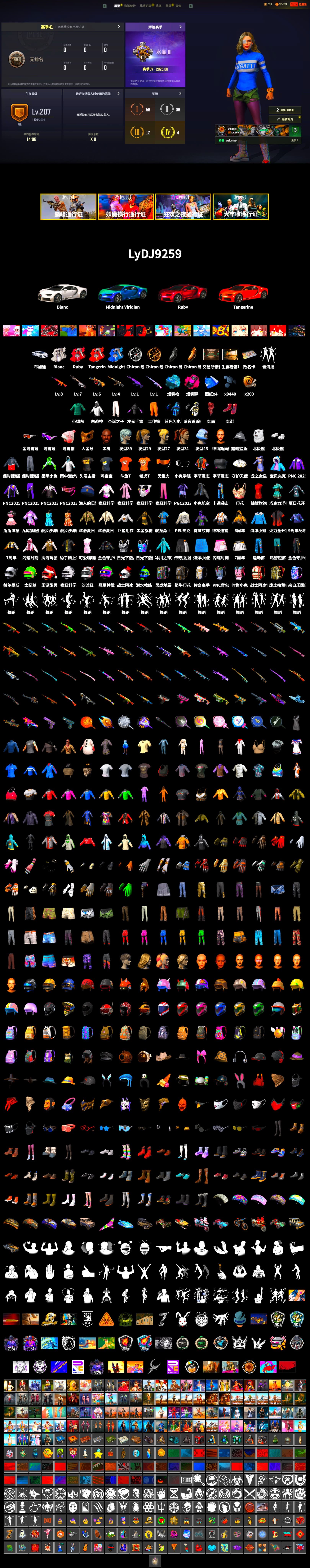 Magenta Smoke Grenade, Blue Magical Mist — M79, Hi-top Trainers (Red), «Chiron» Sports Car, Jonathan Kamau, Snow Glasses, PGC 2021 Contingent Chaos Mask, PLAYERUNKNOWN's Bandana, Heavy Fur Coat (Black), Polar Bear Feet, Harley Quinn's Hair, Speed & Momentum — M416, Speed & Momentum — Kar98k, PEL 2019 Phase 2 Jacket, XiongDi Hoodie, Sha Wujing's Shorts, StreamerOne, Full Autumn — M416, Bengal Blade - SCAR-L, Blue Thunder Gloves, DOUYU T-shirt - 2