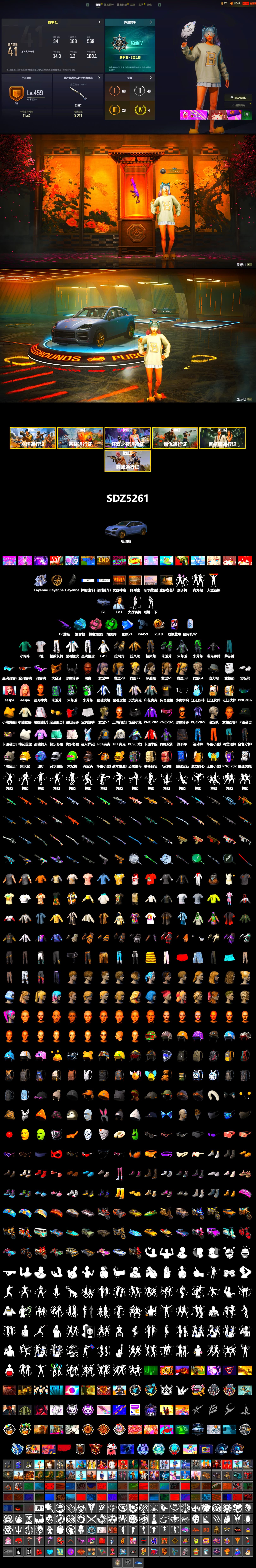 Emerald Smoke Grenade, Blue Magical Mist — M79, «Cayenne Turbo GT» SUV, Jonathan Kamau, Snow Glasses, PGC 2021 Contingent Chaos Mask, Demon Biker Horns, Polar Bear Feet, Aespa, Harley Quinn's Hair, PEL 2019 Phase 2 Jacket, XingHun's Tiger Strike Jacket, XingHun's Tiger Strike Pants, Sideshow Bear Feet, Exquisite Pants, Sha Wujing's Shorts, StreamerOne, GPT 2025 Four Angry Men Jacket, Full Autumn — M416, 2018 PUBG ALL-STAR T-shirt (Korean) - 2