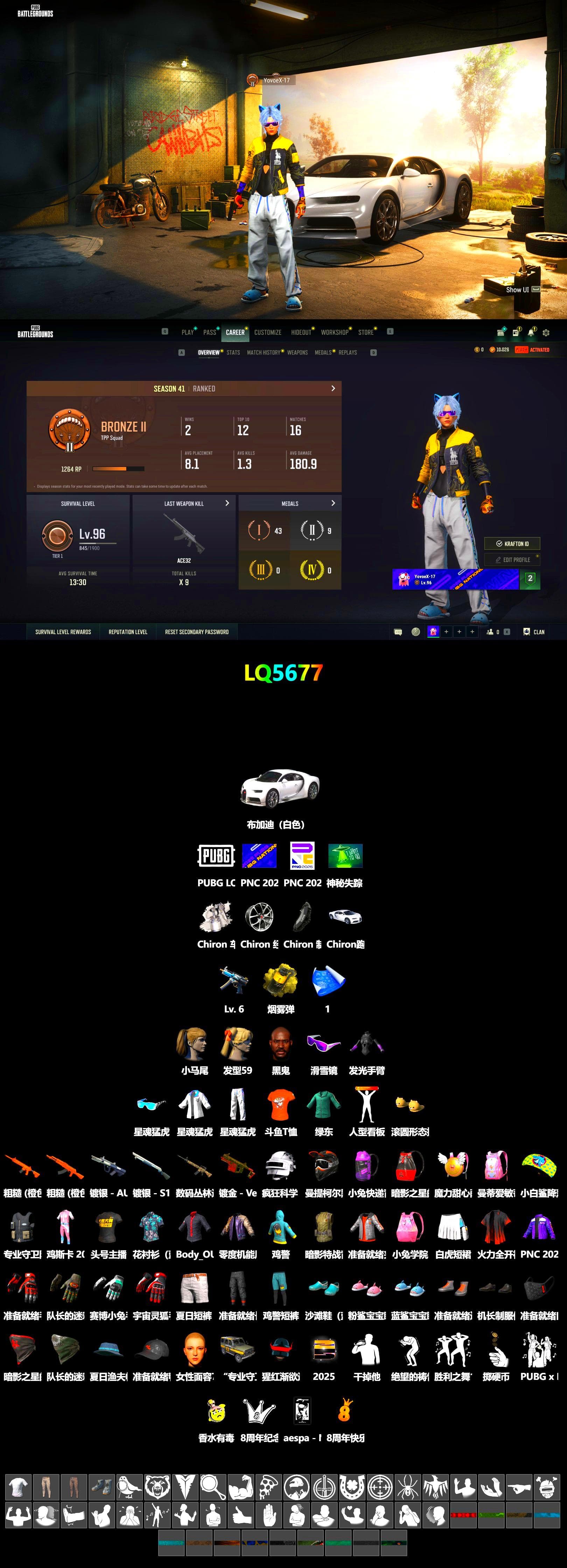 Yellow Smoke Grenade, «Chiron» Sports Car, Jonathan Kamau, Snow Glasses, Harley Quinn's Hair, XingHun's Tiger Strike Jacket, XingHun's Tiger Strike Pants, Sha Wujing's Shorts, StreamerOne, DOUYU T-shirt - 2