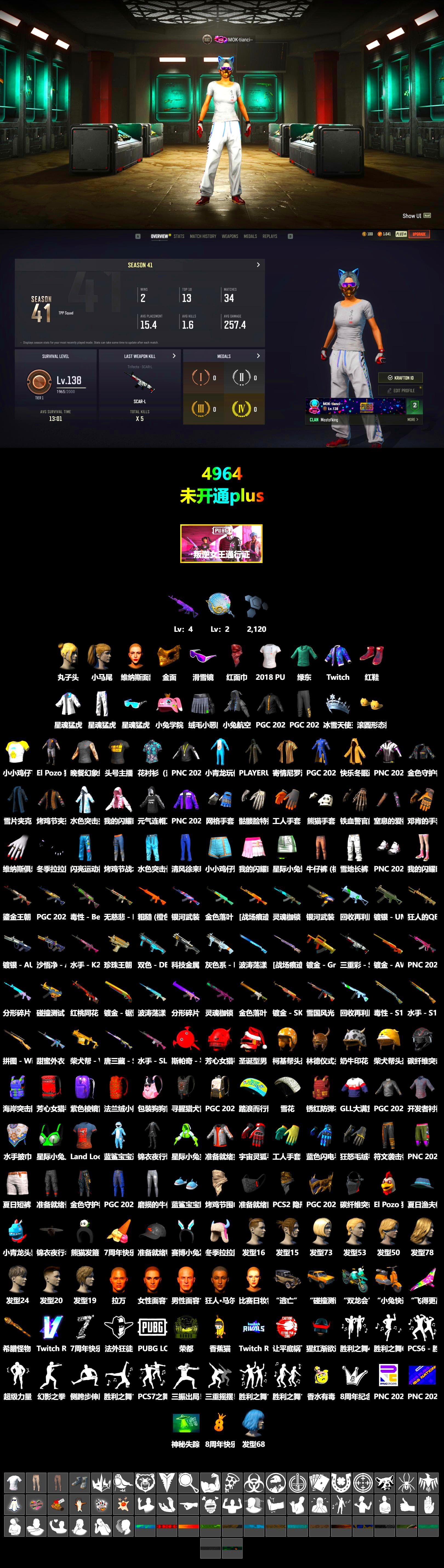 Hi-top Trainers (Red), Snow Glasses, PGC 2021 Contingent Chaos Mask, PLAYERUNKNOWN's Bandana, Heavy Fur Coat (Black), Harley Quinn's Hair, XingHun's Tiger Strike Jacket, XingHun's Tiger Strike Pants, StreamerOne, Blue Thunder Gloves, 2018 PUBG ALL-STAR T-shirt (Korean), GLL Grand Slam Sweatshirt - 2