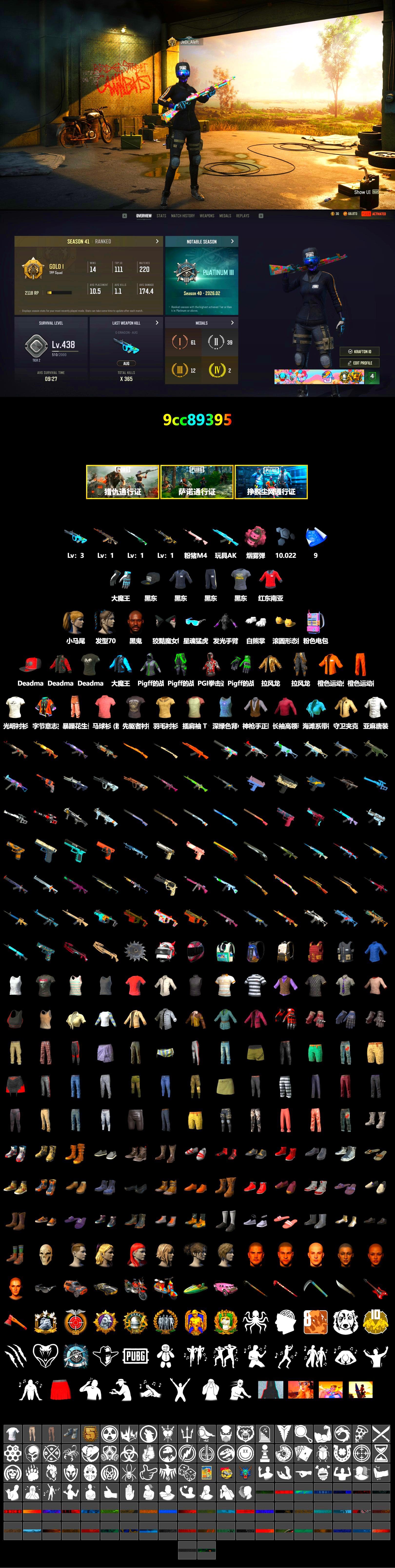 SEA Champ Training T-shirt, PAI 2019 Jacket, Pink Smoke Grenade, Shroud's Gloves, NeoticaCH's M416, Ashek's AKM, Jonathan Kamau, Polar Bear Feet, Escapee Jacket, Jailbird T-Shirt, Rash Vest, Harley Quinn's Hair, SEA Champ Training Snapback, SEA Champ Training Pants, Shroud's Varsity Jacket, The Mau5 Hat, PGI Ringside Hoodie, shroud's M16A4 - 2