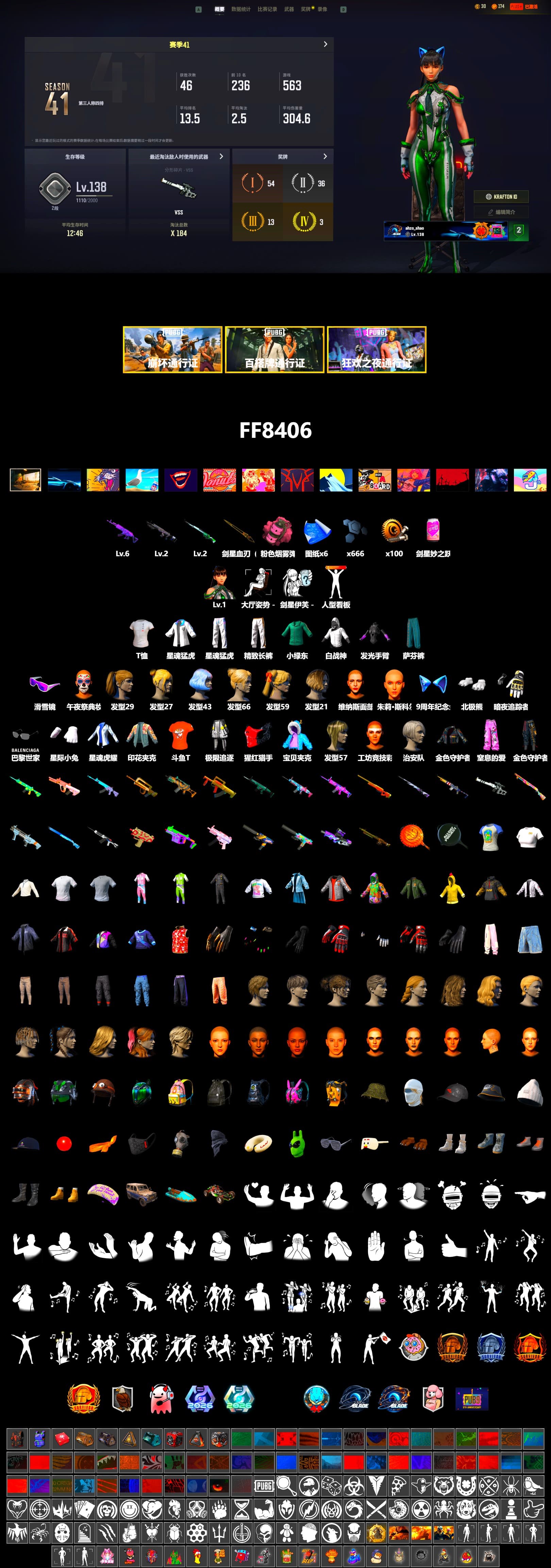 Snow Glasses, Polar Bear Feet, Harley Quinn's Hair, XingHun's Tiger Strike Jacket, XingHun's Tiger Strike Pants, Sideshow Bear Feet, Exquisite Pants, 2018 PUBG ALL-STAR T-shirt (Korean), DOUYU T-shirt - 2