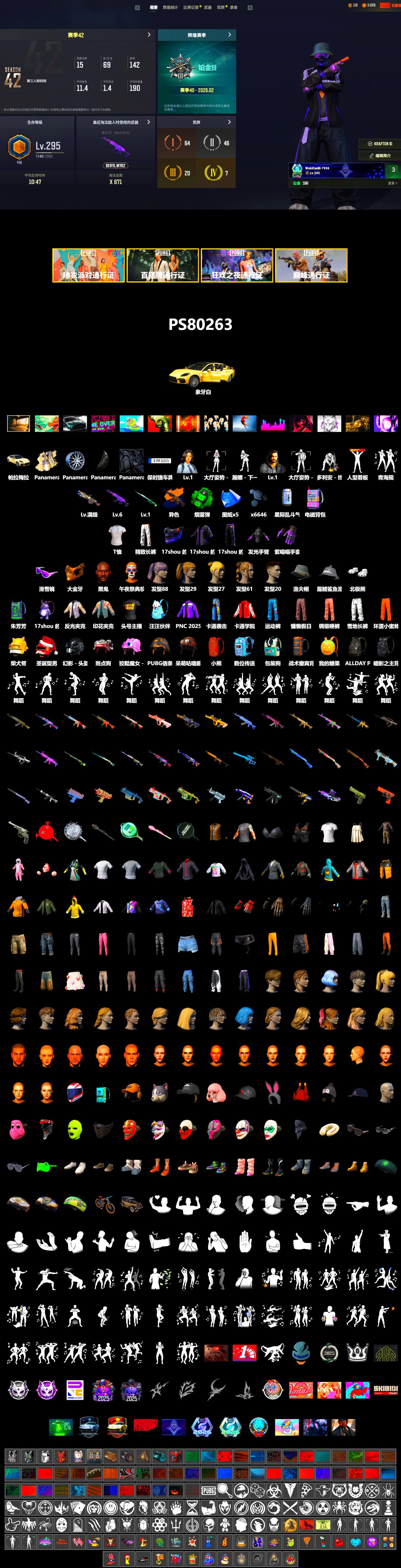 Medusa — Beryl M762 (Gold Charcoal), Emerald Smoke Grenade, «Panamera Turbo S» Sedan, Jonathan Kamau, Snow Glasses, PGC 2021 Contingent Chaos Mask, Polar Bear Feet, Harley Quinn's Hair, Exquisite Pants, StreamerOne, Full Autumn — M416, 2018 PUBG ALL-STAR T-shirt (Korean), «DBX707» SUV - 2