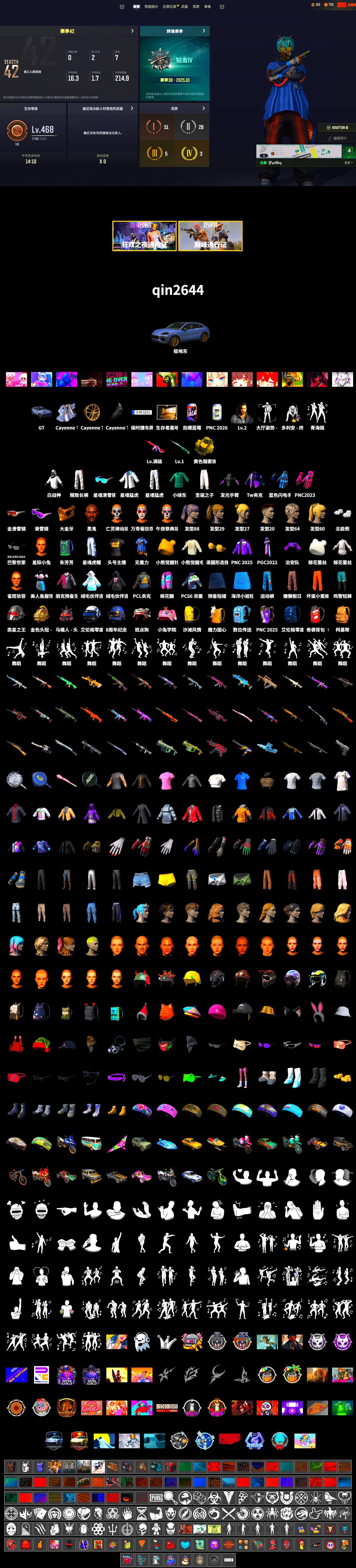 «Cayenne Turbo GT» SUV, Jonathan Kamau, Snow Glasses, PGC 2021 Contingent Chaos Mask, Polar Bear Feet, Harley Quinn's Hair, XingHun's Tiger Strike Jacket, XingHun's Tiger Strike Pants, Exquisite Pants, Sha Wujing's Shorts, StreamerOne, Full Autumn — M416, Blue Thunder Gloves - 2