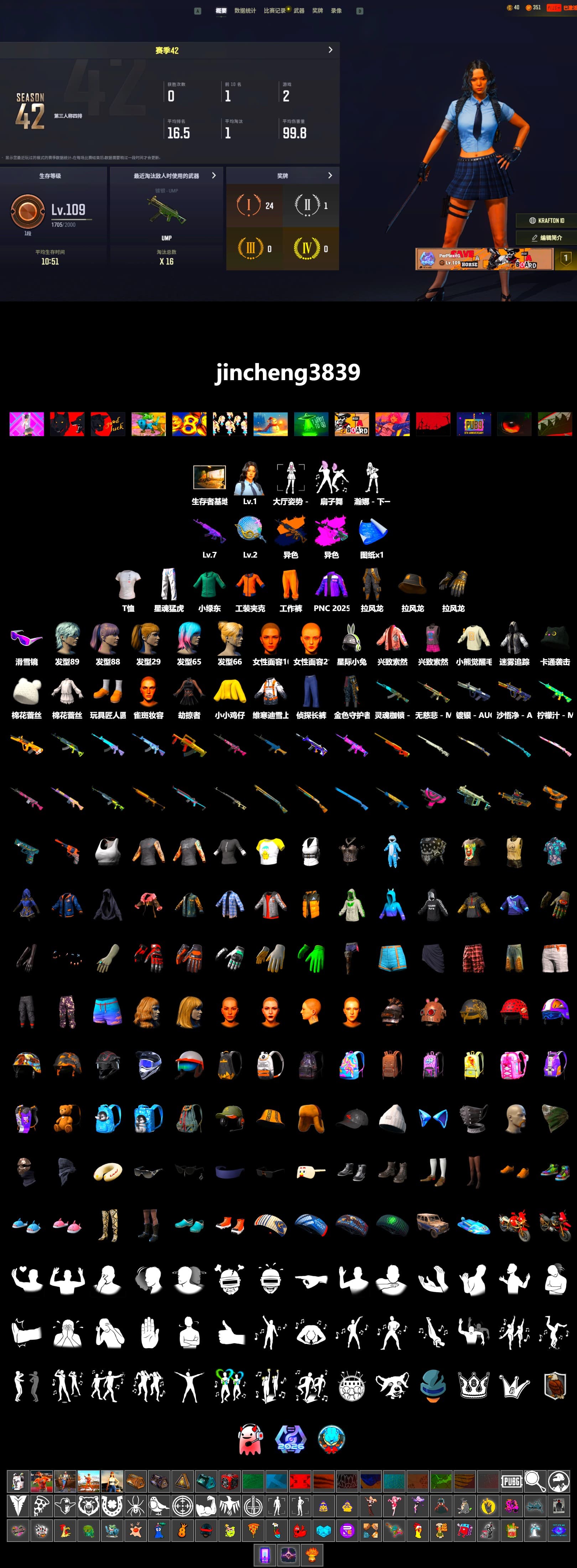 Medusa — Beryl M762 (Gold Charcoal), Neon Dream — AUG, Snow Glasses, Harley Quinn's Hair, XingHun's Tiger Strike Pants, 2018 PUBG ALL-STAR T-shirt (Korean) - 2