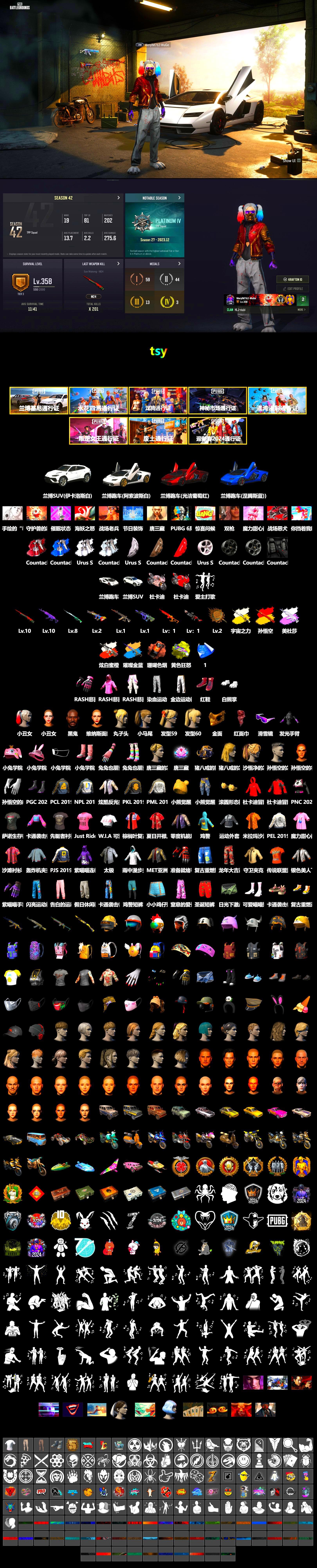 Medusa — Beryl M762 (Gray Purple), Neon Dream - AUG (White Orange), Cosmic Caliber - Kar98k (White Yellow), Cosmic Caliber - Kar98k, Yule Sleigh - Mini14 (Gold Blue), Coral Smoke Grenade, Yellow Fog of Fury — M79, Hi-top Trainers (Red), Harley Quinn's Hair, «Countach LPI 800-4» Sports Car, «Panigale V4 S (Renegade Rose)» Motorcycle, «Panigale V4 S (Ducati Red)» Motorcycle, Jonathan Kamau, Snow Glasses, PGC 2021 Contingent Chaos Mask, PLAYERUNKNOWN's Bandana, Polar Bear Feet, Rash Beixli Xtra Tough Jacket, Harley Quinn's Hair, Rash Beixli Xtra Tough Jacket, Harley Quinn's Makeup, PML 2019 Phase 2 Jacket, PEL 2019 Phase 2 Jacket, NPL 2019 Phase 2 Jacket, PJS 2019 Phase 2 Jacket, PKL 2019 Phase 2 Jacket, Sha Wujing's Shorts - 2