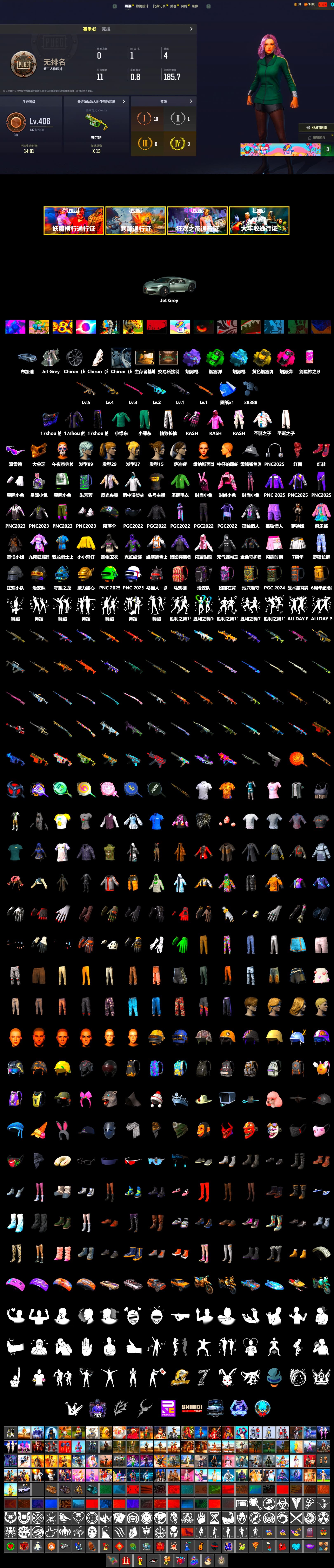 Emerald Smoke Grenade, Magenta Smoke Grenade, Purple Magical Mist — M79, Blue Magical Mist — M79, Hi-top Trainers (Red), Snow Glasses, PGC 2021 Contingent Chaos Mask, PLAYERUNKNOWN's Bandana, Heavy Fur Coat (Black), Rash Beixli Xtra Tough Jacket, Harley Quinn's Hair, Rash Beixli Xtra Tough Jacket, Exquisite Pants, StreamerOne, Training Jacket (Green) - 2