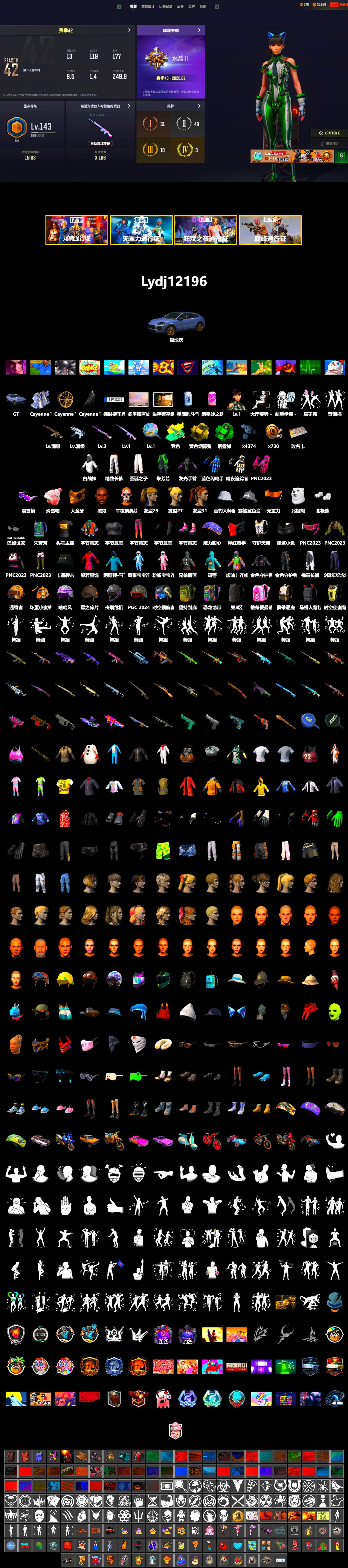 Emerald Smoke Grenade, «Cayenne Turbo GT» SUV, Jonathan Kamau, Snow Glasses, PGC 2021 Contingent Chaos Mask, Polar Bear Feet, Harley Quinn's Hair, Exquisite Pants, XiongDi Hoodie, StreamerOne, Blue Thunder Gloves, «Chiron» Sports Car - 2