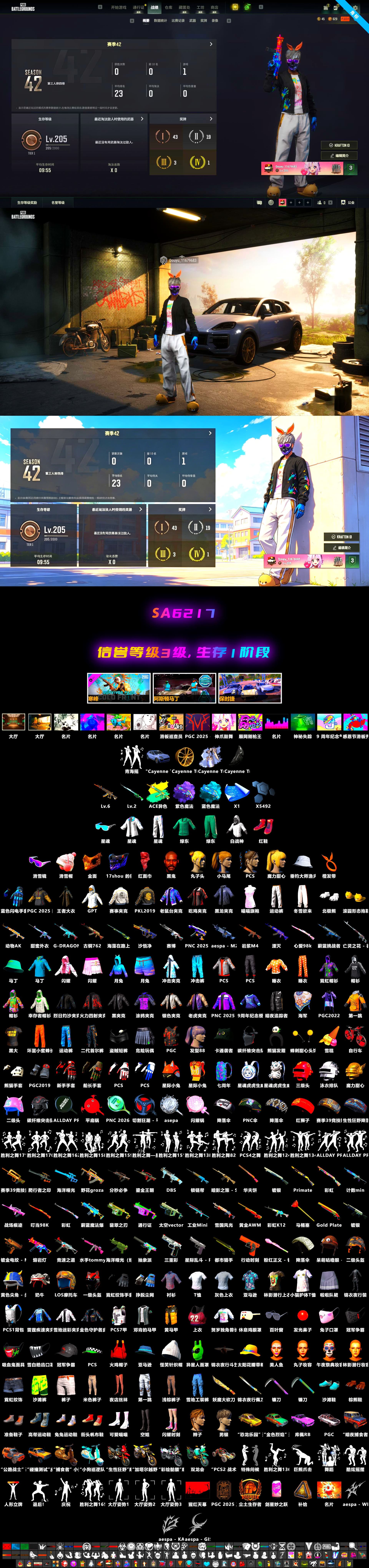 PGC 2021 Contingent Chaos Mask, Snow Glasses, Jonathan Kamau, Harley Quinn's Hair, Demon's Touch — ACE32, Purple Magical Mist — M79, Blue Magical Mist — M79, Aespa, «Cayenne Turbo GT» SUV, Cosmic Caliber - Kar98k - 2