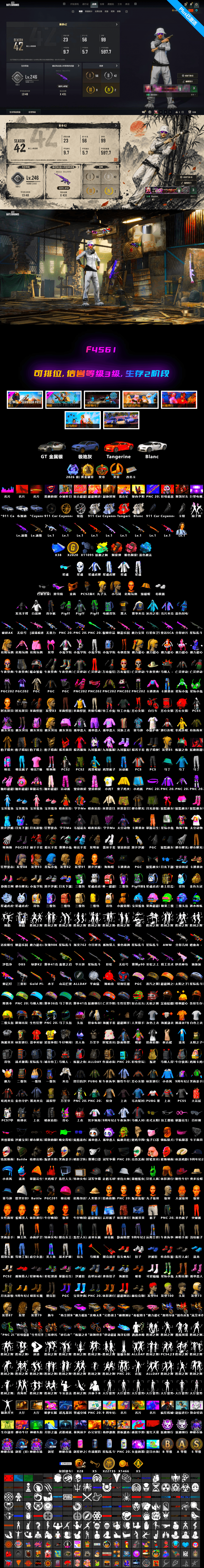 Medusa — Beryl M762 [MAX], Neon Dream — AUG [MAX], «Cayenne Turbo GT» SUV, Yule Sleigh — Mini14, Deadly Dollhouse — SLR, No Signal — M416, «Chiron» Sports Car, Hanna, PGC 2021 Contingent Chaos Mask, Snow Glasses, Danucd's Gloves, Harley Quinn's Hair, Orange Smoke Grenade, Demon's Touch — ACE32, Blue Magical Mist — M79, «Chiron» Sports Car, Final Serenade — M24, Cosmic Caliber - Kar98k - 2