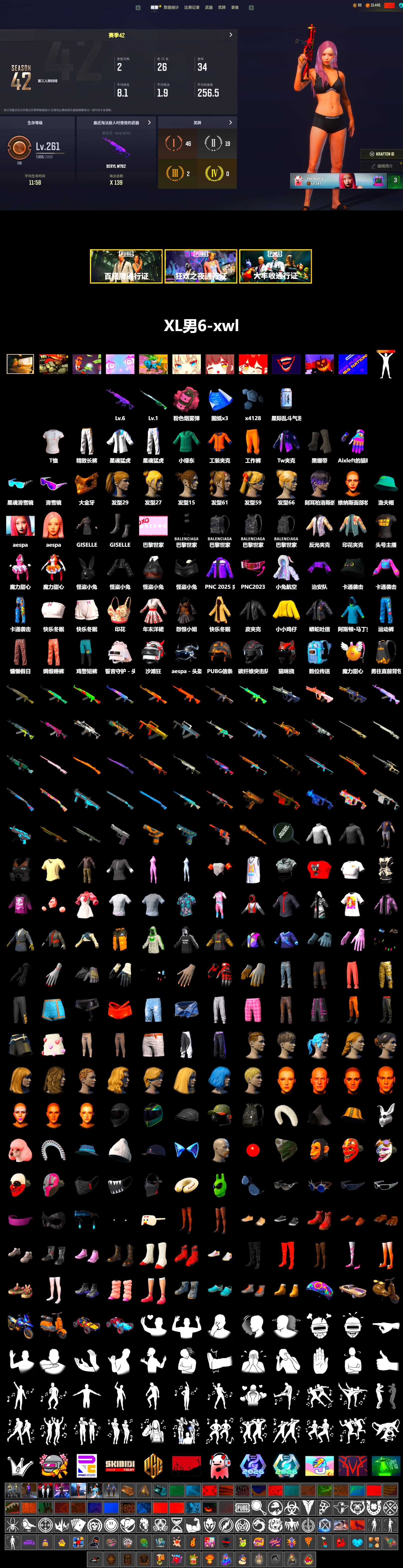 Duncan's Infiltrator Handwraps, Snow Glasses, PGC 2021 Contingent Chaos Mask, Aespa, Harley Quinn's Hair, XingHun's Tiger Strike Jacket, XingHun's Tiger Strike Pants, Sideshow Bear Feet, Exquisite Pants, Sha Wujing's Shorts, StreamerOne, 2018 PUBG ALL-STAR T-shirt (Korean) - 2