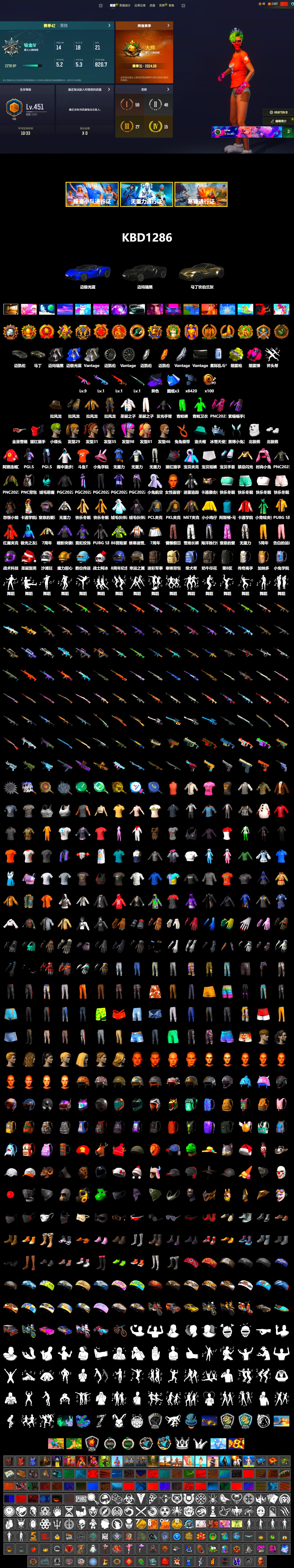 No Signal — M416 (Purple Charcoal), Magenta Smoke Grenade, Yellow Fog of Fury — M79, «V12 Vantage Roadster» Sports Car, SkipNhO's SLR, Polar Bear Feet, Harley Quinn's Hair, Hairstyle PGI.S, PKL 2019 Phase 2 Jacket, Full Autumn — M416, Wakgood's M416, Wakgood's AWM, Killer Clown Mask, DOUYU T-shirt, «DBX707» SUV - 2