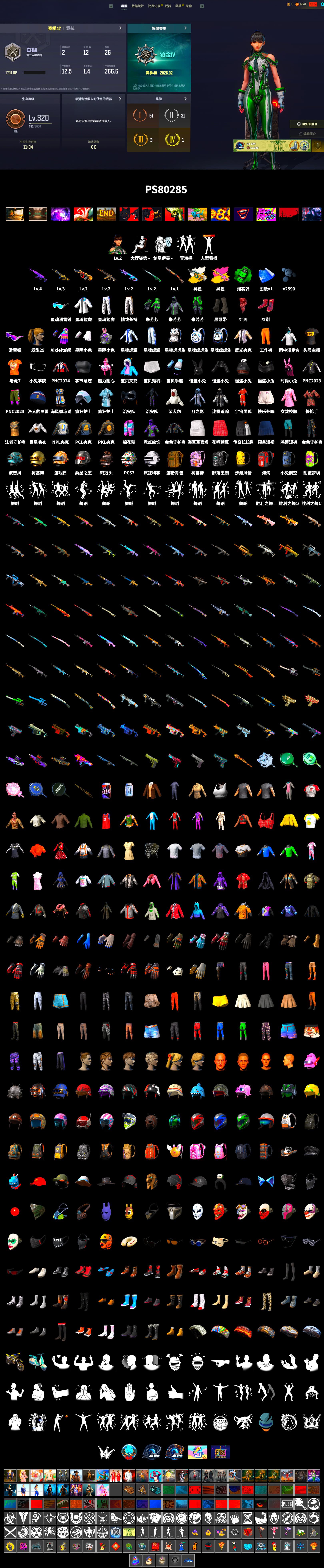 Emerald Smoke Grenade, Hi-top Trainers (Red), Duncan's Infiltrator Handwraps, Snow Glasses, PLAYERUNKNOWN's Bandana, Heavy Fur Coat (Black), Harley Quinn's Hair, XingHun's Tiger Strike Jacket, XingHun's Tiger Strike Pants, NPL 2019 Phase 2 Jacket, PKL 2019 Phase 2 Jacket, Exquisite Pants, Sha Wujing's Shorts, StreamerOne - 2