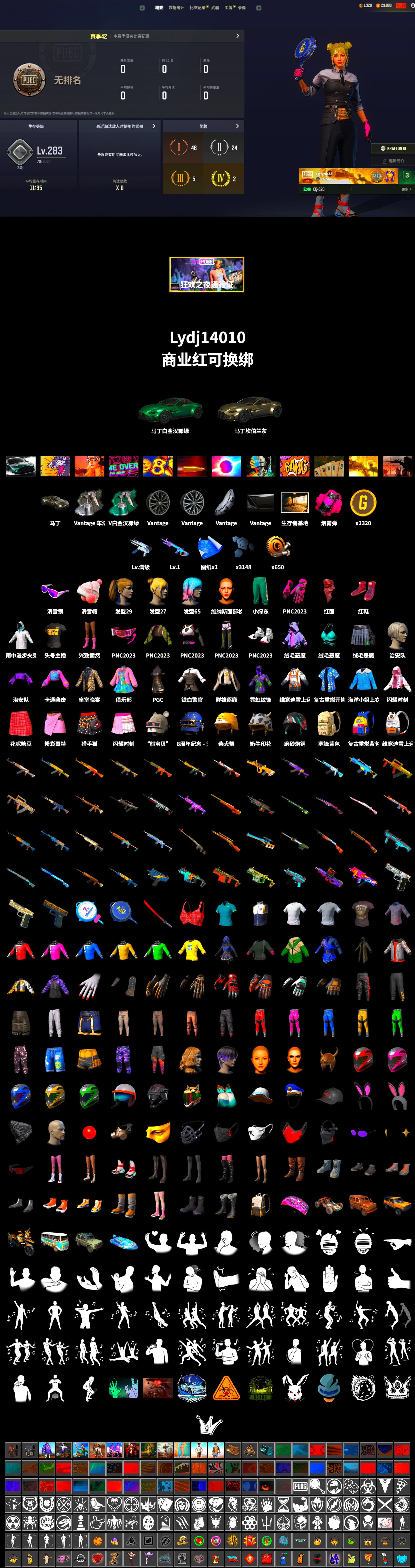 Magenta Smoke Grenade, Hi-top Trainers (Red), «V12 Vantage Roadster» Sports Car, Snow Glasses, PLAYERUNKNOWN's Bandana, Heavy Fur Coat (Black), Harley Quinn's Hair, StreamerOne, Training Jacket (Green), Full Autumn — M416, «DBX707» SUV - 2