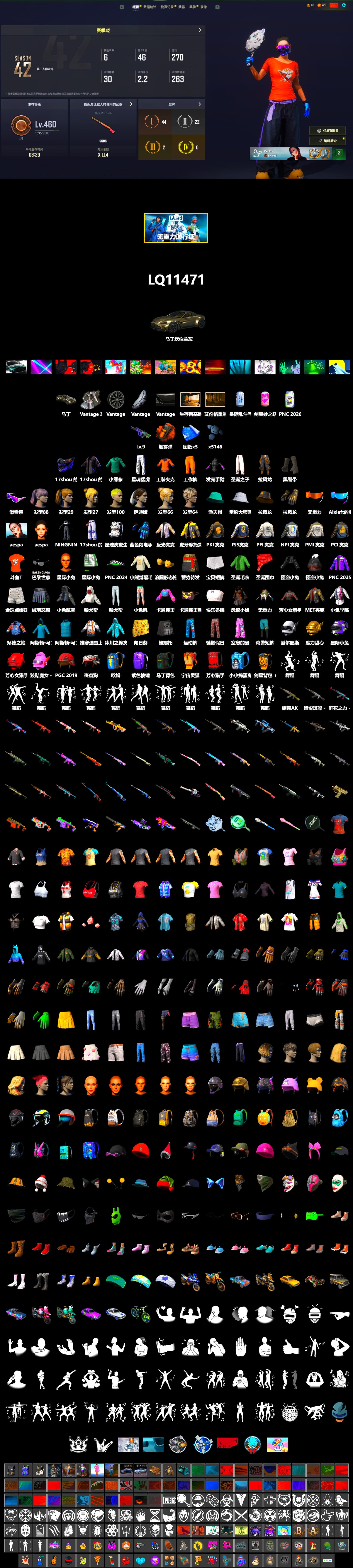 Orange Smoke Grenade, Duncan's Infiltrator Handwraps, «V12 Vantage Roadster» Sports Car, Snow Glasses, Aespa, Harley Quinn's Hair, PML 2019 Phase 2 Jacket, PEL 2019 Phase 2 Jacket, XingHun's Tiger Strike Pants, NPL 2019 Phase 2 Jacket, PJS 2019 Phase 2 Jacket, PKL 2019 Phase 2 Jacket, Sideshow Bear Feet, Sha Wujing's Shorts, Full Autumn — M416, Blue Thunder Gloves, DOUYU T-shirt, «DBX707» SUV - 2