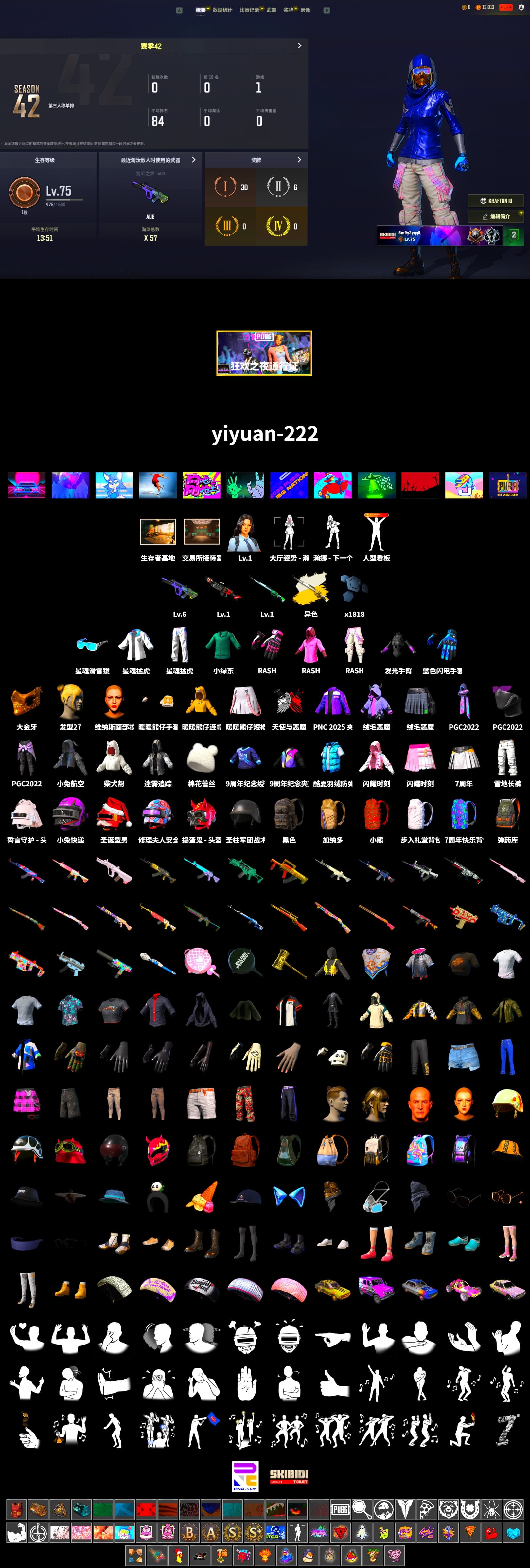 Cosmic Caliber - Kar98k (White Yellow), PGC 2021 Contingent Chaos Mask, Rash Beixli Xtra Tough Jacket, Rash Beixli Xtra Tough Jacket, XingHun's Tiger Strike Jacket, XingHun's Tiger Strike Pants, Blue Thunder Gloves, «Chiron» Sports Car - 2