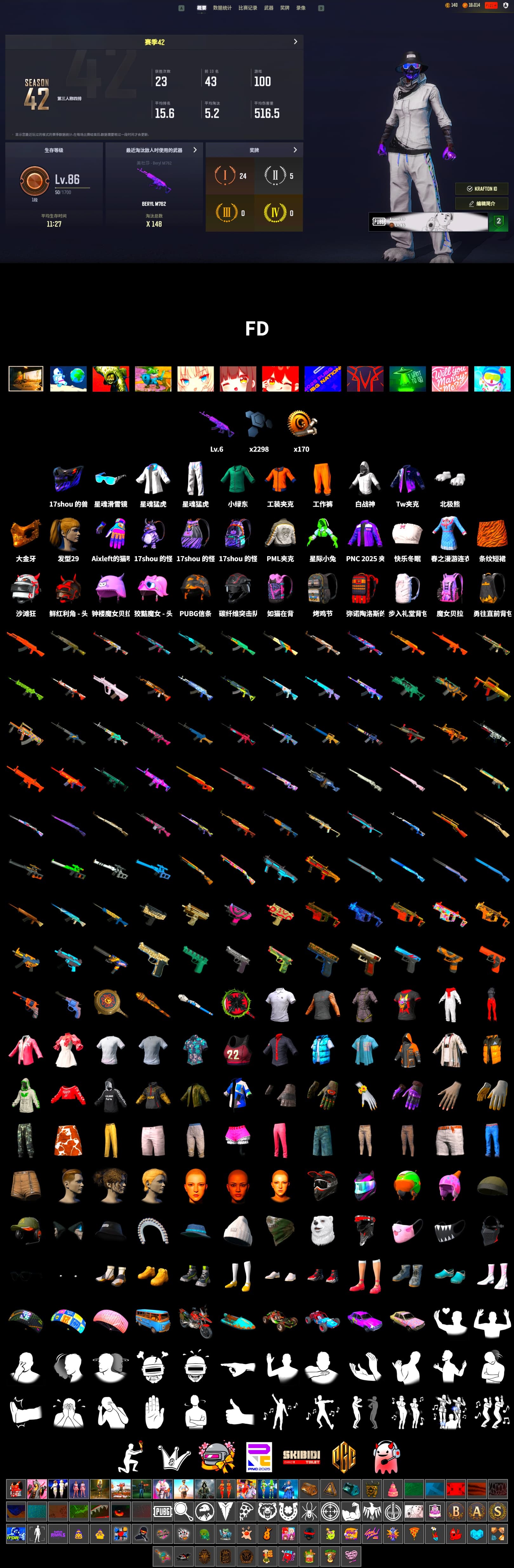 PGC 2021 Contingent Chaos Mask, Polar Bear Feet, Harley Quinn's Hair, PML 2019 Phase 2 Jacket, XingHun's Tiger Strike Jacket, XingHun's Tiger Strike Pants, Full Autumn — M416 - 2