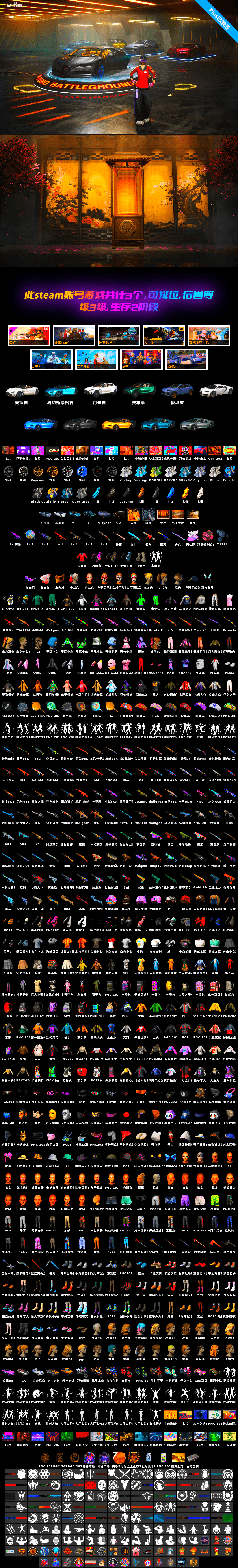 Siren — Pan [MAX], Sun Scorched — S1897 [1], Medusa — Beryl M762, Yule Sleigh — Mini14, Neon Dream — AUG, «Chiron» Sports Car, Danucd's Gloves, Break's Gloves, Hambinooo's Gloves, PAI 2019 Jacket, Snow Glasses, PGC 2021 Contingent Chaos Mask, Harley Quinn's Hair, Harley Quinn's Hair, Medusa — Beryl M762 (Gray Purple), «V12 Vantage Roadster (Luxe)» Sports Car, «DBX707» SUV, Demon's Touch — ACE32, «Chiron» Sports Car, «Cayenne Turbo GT» SUV, Obscura - Mk12 - 2