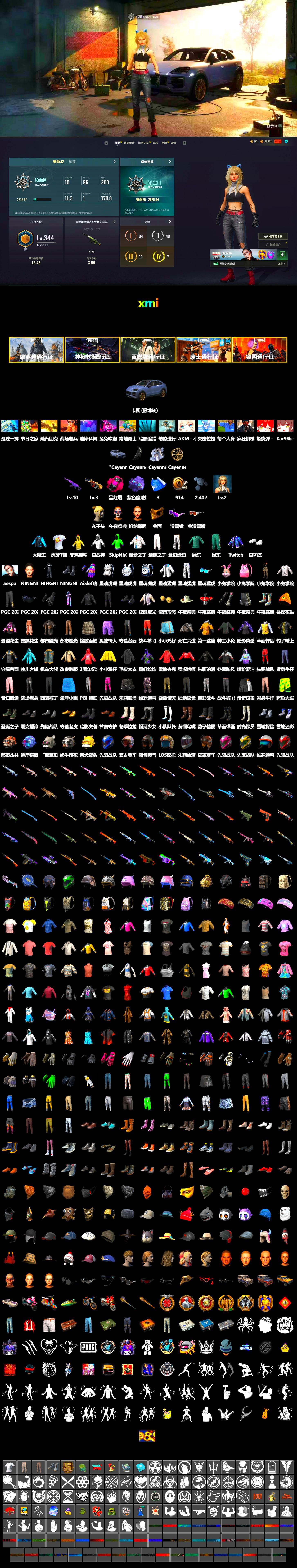 Magenta Smoke Grenade, Purple Magical Mist — M79, «Cayenne Turbo GT» SUV, Snow Glasses, PGC 2021 Contingent Chaos Mask, SkipNhO's SLR, Aespa, Polar Bear Feet, MadDog — M16A4, Shroud's Varsity Jacket, XingHun's Tiger Strike Jacket, XingHun's Tiger Strike Pants, StreamerOne, Training Jacket (Green), Full Autumn — M416, Heavy Fur Coat (Black), HUYA T-shirt, Hanna - 2