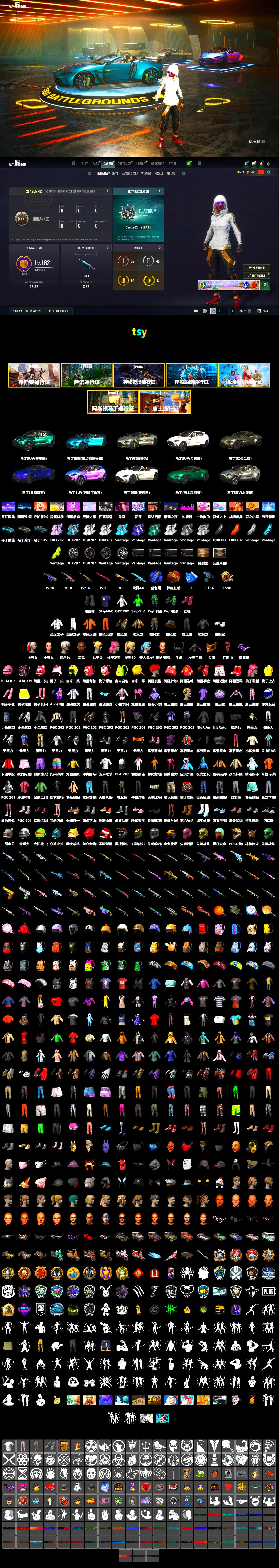 Blue Smoke Grenade, Crimson Fog of Fury — M79, Hi-top Trainers (Red), Duncan's Infiltrator Handwraps, Harley Quinn's Hair, «V12 Vantage Roadster» Sports Car, «V12 Vantage Roadster (Luxe)» Sports Car, «DBX707» SUV, SkipNhO's SLR, Ashek's AKM, 9S's Hairstyle, Jonathan Kamau, Snow Glasses, PGC 2021 Contingent Chaos Mask, Demon Biker Horns, PLAYERUNKNOWN's Bandana, Heavy Fur Coat (Black), SkipNhO's SLR, Escapee Jacket, Jailbird T-Shirt, Rash Vest, Polar Bear Feet, Nier, Ghosted — AKM, Speed & Momentum — M416, Pirate KIM's M416, Pirate KIM's SKS, Ghosted — Kar98k, Speed & Momentum — Kar98k, JennaJulien's M24, Harley Quinn's Makeup, SkipNhO's Shirt, XingHun's Tiger Strike Jacket, XingHun's Tiger Strike Pants, «DBX707» SUV, Sideshow Bear Feet, StreamerOne, GPT 2025 Four Angry Men Jacket, Full Autumn — M416, Bengal Blade - SCAR-L, Mazarin1k's SLR, Silver Plate — Mini14, Diva Glasses (White), Rose-tinted Glasses, Bengal Tiger - 2