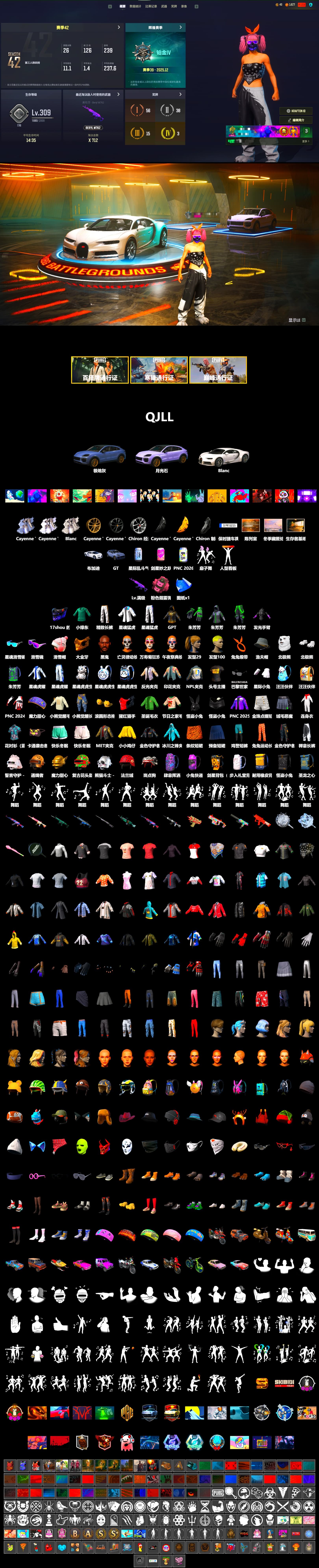 Pink Smoke Grenade, «Cayenne Turbo GT» SUV, «Chiron» Sports Car, Jonathan Kamau, Snow Glasses, PGC 2021 Contingent Chaos Mask, Polar Bear Feet, Harley Quinn's Hair, XingHun's Tiger Strike Jacket, XingHun's Tiger Strike Pants, NPL 2019 Phase 2 Jacket, Sideshow Bear Feet, Exquisite Pants, Sha Wujing's Shorts, StreamerOne - 2