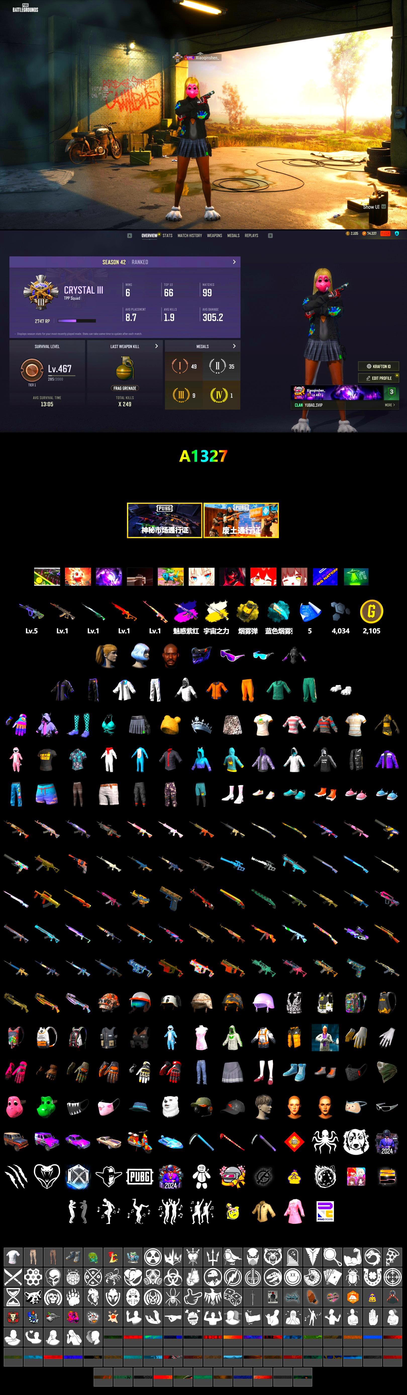 Rest in Pink — Dragunov [1], Demon's Touch - ACE32 (Purple Fuchsia), Cosmic Caliber - Kar98k (White Yellow), Cosmic Caliber - Kar98k, Yellow Smoke Grenade, Jonathan Kamau, Snow Glasses, Polar Bear Feet, Harley Quinn's Hair, XingHun's Tiger Strike Jacket, XingHun's Tiger Strike Pants, Sha Wujing's Shorts, StreamerOne, Training Jacket (Green) - 2