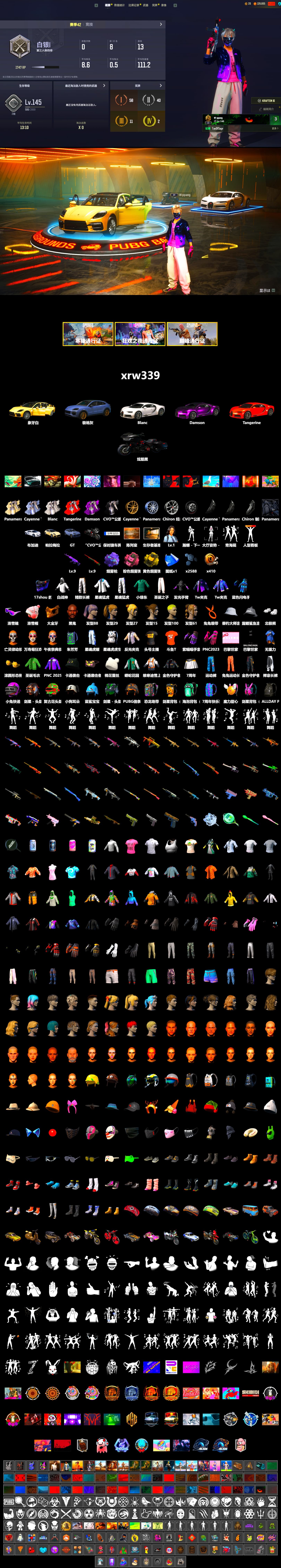 Yellow Smoke Grenade, Pink Smoke Grenade, Purple Magical Mist — M79, «Panamera Turbo S» Sedan, «Cayenne Turbo GT» SUV, «Chiron» Sports Car, Jonathan Kamau, Snow Glasses, PGC 2021 Contingent Chaos Mask, Polar Bear Feet, Harley Quinn's Hair, XingHun's Tiger Strike Jacket, XingHun's Tiger Strike Pants, Exquisite Pants, StreamerOne, Blue Thunder Gloves, DOUYU T-shirt, «DBX707» SUV - 2