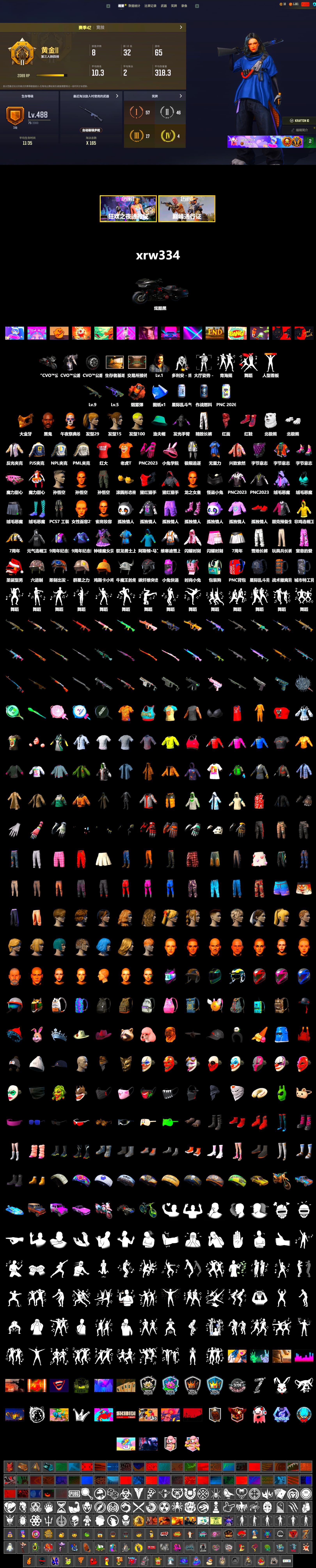Coral Smoke Grenade, Hi-top Trainers (Red), Jonathan Kamau, PGC 2021 Contingent Chaos Mask, PLAYERUNKNOWN's Bandana, Heavy Fur Coat (Black), Polar Bear Feet, Harley Quinn's Hair, PML 2019 Phase 2 Jacket, NPL 2019 Phase 2 Jacket, PJS 2019 Phase 2 Jacket, Exquisite Pants - 2