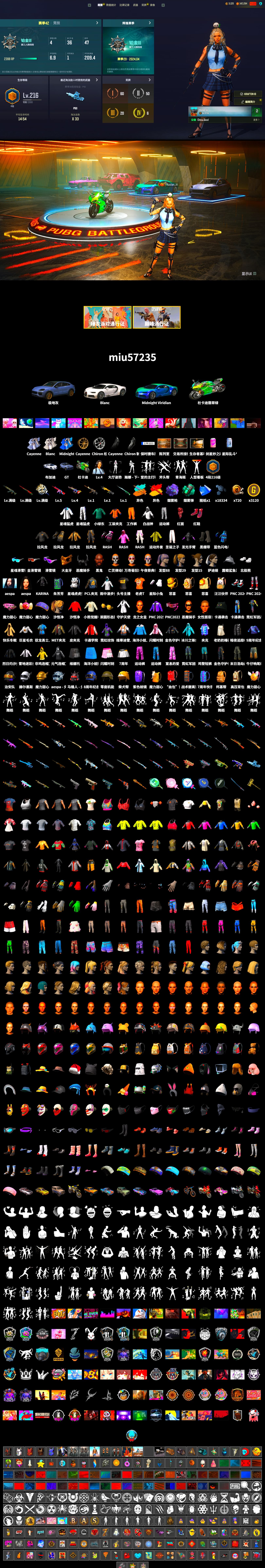 Teal Smoke Grenade, Purple Magical Mist — M79, Hi-top Trainers (Red), Duncan's Infiltrator Handwraps, «Cayenne Turbo GT» SUV, «Chiron» Sports Car, «Panigale V4 S (Jaded)» Motorcycle, Jonathan Kamau, Snow Glasses, PGC 2021 Contingent Chaos Mask, Demon Biker Horns, PLAYERUNKNOWN's Bandana, Heavy Fur Coat (Black), Rash Beixli Xtra Tough Jacket, Aespa, Polar Bear Feet, Harley Quinn's Hair, Rash Beixli Xtra Tough Jacket, XingHun's Tiger Strike Jacket, XingHun's Tiger Strike Pants, Sideshow Bear Feet, XiongDi Hoodie, MET Asia Series Distressed Jeans, Sha Wujing's Shorts, StreamerOne, Full Autumn — M416, Blue Thunder Gloves - 2