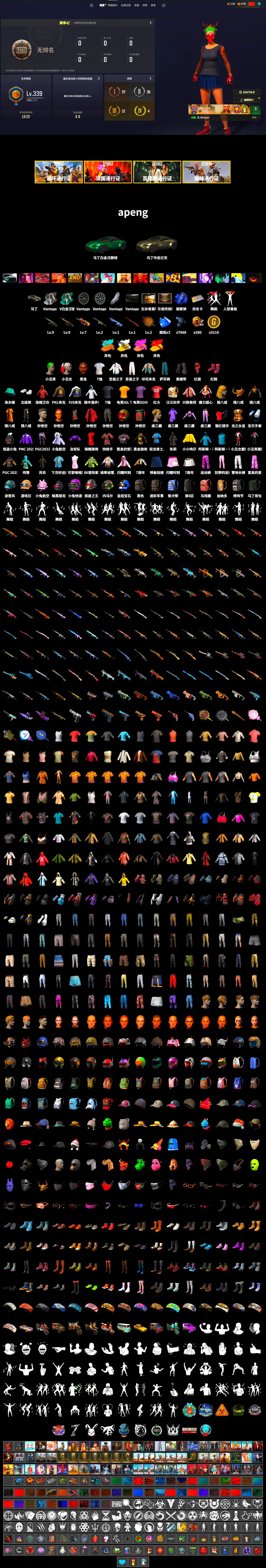 Zhu Bajie — M416 (Magenta Peach), Blue Smoke Grenade, Hi-top Trainers (Red), Duncan's Infiltrator Handwraps, Harley Quinn's Hair, The Joker's Hair, «V12 Vantage Roadster» Sports Car, Jonathan Kamau, The Joker's Hair, PLAYERUNKNOWN's Bandana, Heavy Fur Coat (Black), Polar Bear Feet, Speed & Momentum — M416, Speed & Momentum — Kar98k, Harley Quinn's Makeup, PKL Hoodie, PJS 2019 Phase 2 Jacket, PKL 2019 Phase 2 Jacket, Full Autumn — M416, PGC 2019 - AKM, PGC 2019 — SCAR-L, Crimson Snowflake - QBZ, PGC 2019 — Mini14, PGC 2019 — Kar98k, PGC 2019 — Pan, 2018 PUBG ALL-STAR T-shirt (Korean), Heavy Fur Coat (Black), Esports IGL Shirt, Esports Chicken Dinner Shirt, «DBX707» SUV - 2