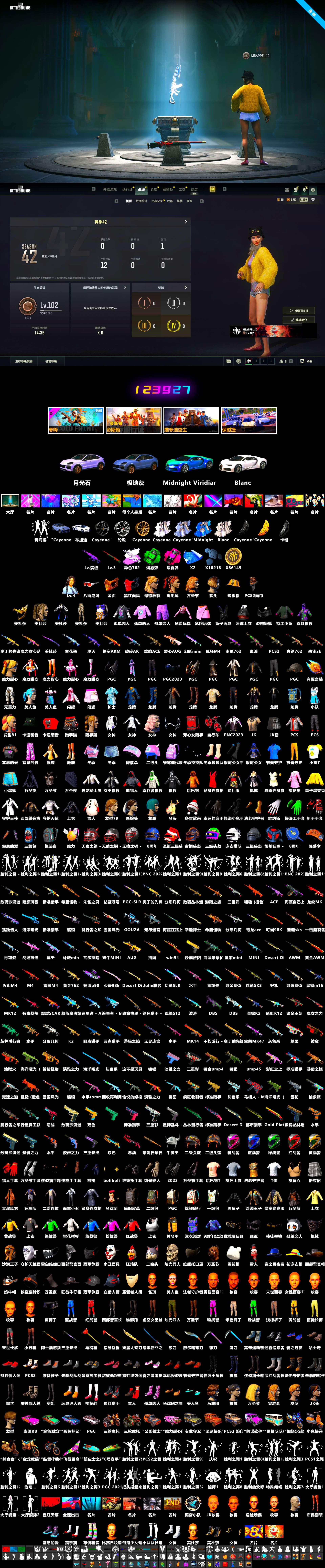 Sun Wukong — M24 [MAX], Emerald Smoke Grenade, Medusa — Beryl M762, «Chiron» Sports Car, Hanna, PGC 2021 Contingent Chaos Mask, Medusa — Beryl M762 (Gray Purple), Magenta Smoke Grenade, «Chiron» Sports Car, «Cayenne Turbo GT» SUV - 2