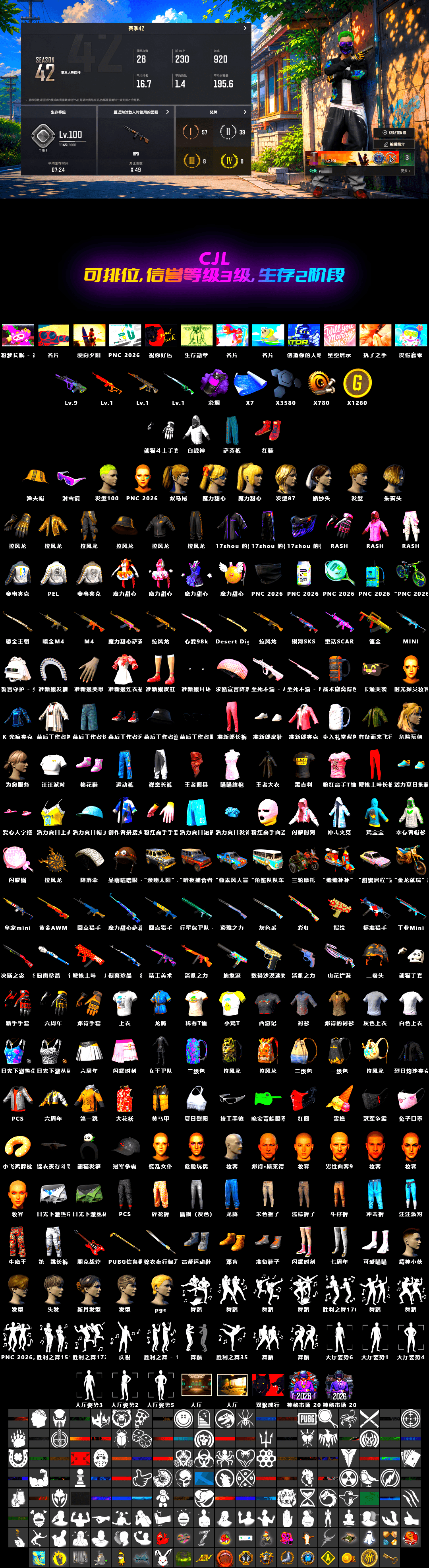 Cosmic Caliber - Kar98k [1], Neon Dream — AUG, Yule Sleigh — Mini14, Harley Quinn's Hair, Rash Beixli Xtra Tough Jacket, Snow Glasses, Rash Beixli Xtra Tough Jacket, Purple Smoke Grenade, Demon's Touch — ACE32 - 2