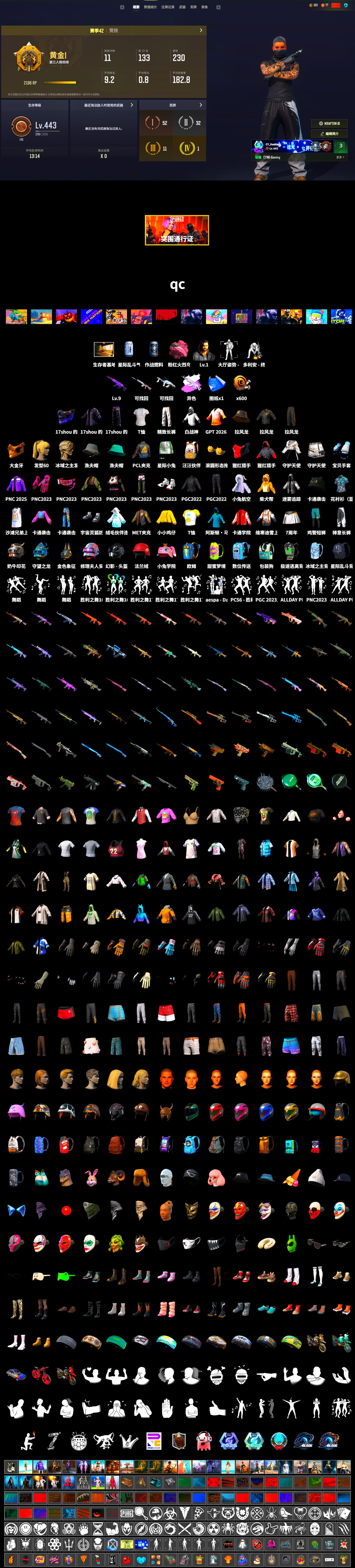 Medusa — Beryl M762 (Gray Purple), PGC 2021 Contingent Chaos Mask, Exquisite Pants, Sha Wujing's Shorts, Full Autumn — M416, 2018 PUBG ALL-STAR T-shirt (Korean) - 2