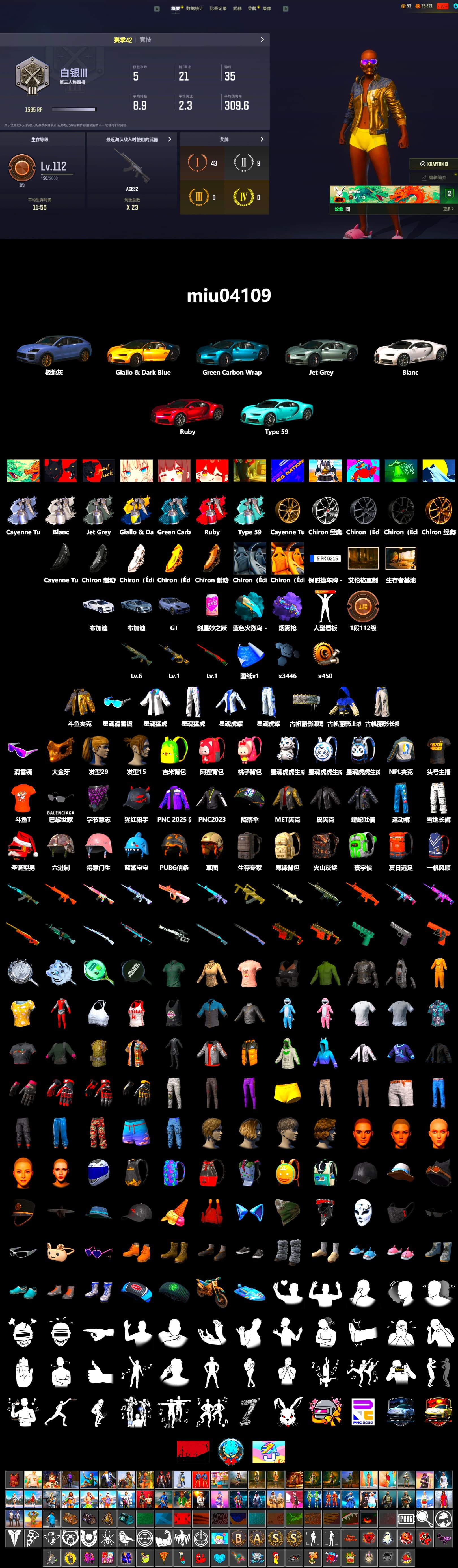 Douyu Biker Jacket, Purple Magical Mist — M79, «Cayenne Turbo GT» SUV, «Chiron» Sports Car, Snow Glasses, PGC 2021 Contingent Chaos Mask, Harley Quinn's Hair, XingHun's Tiger Strike Jacket, XingHun's Tiger Strike Pants, NPL 2019 Phase 2 Jacket, StreamerOne, DOUYU T-shirt - 2