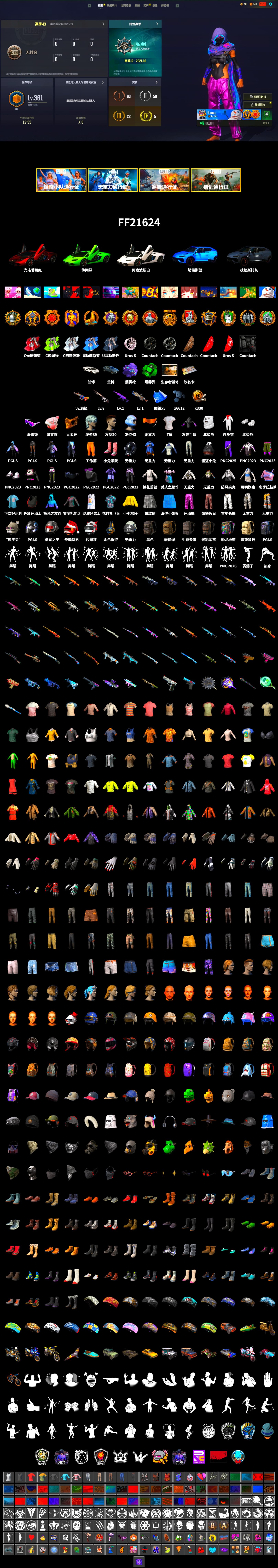 Emerald Smoke Grenade, Purple Magical Mist — M79, «Countach LPI 800-4» Sports Car, Snow Glasses, PGC 2021 Contingent Chaos Mask, Polar Bear Feet, Gold Plate — M416, 2018 PUBG ALL-STAR T-shirt (Korean) - 2