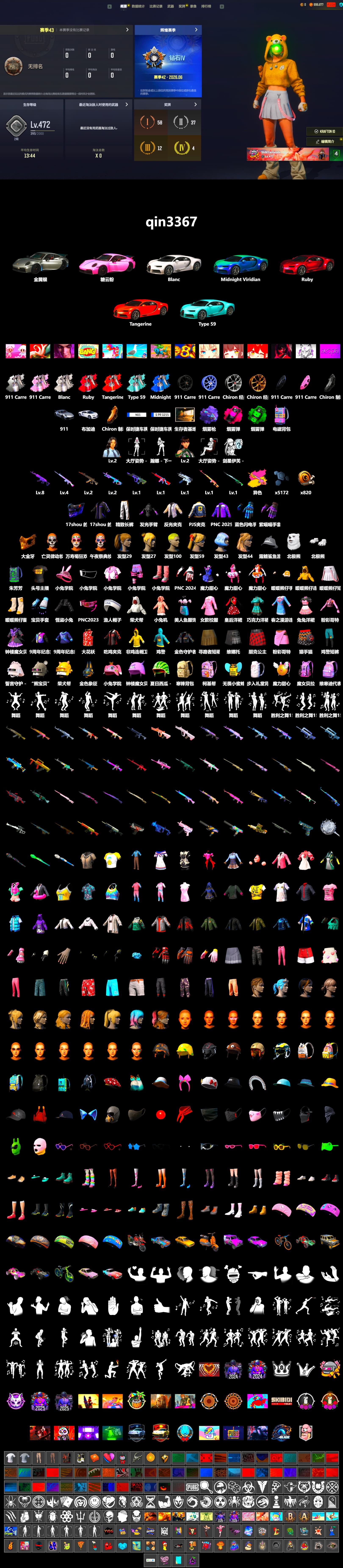 Rest in Pink — Dragunov [1], Emerald Smoke Grenade, Magenta Smoke Grenade, Purple Magical Mist — M79, «911 Carrera GTS» Sports Car, «Chiron» Sports Car, PGC 2021 Contingent Chaos Mask, Polar Bear Feet, Harley Quinn's Hair, PJS 2019 Phase 2 Jacket, Exquisite Pants, Sha Wujing's Shorts, StreamerOne, Blue Thunder Gloves - 2