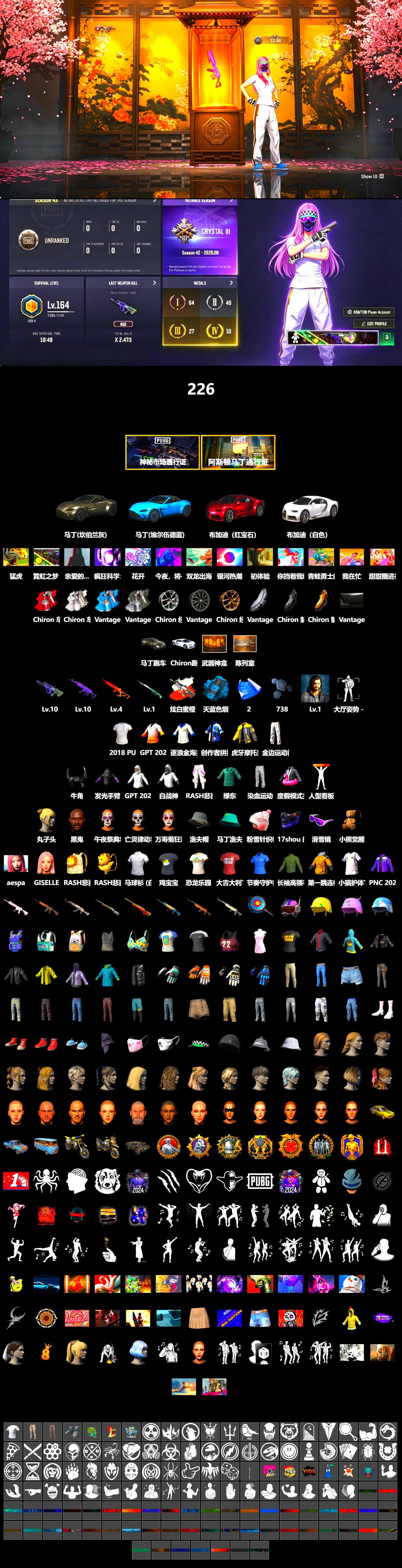 Neon Dream - AUG (White Orange), Azure Smoke Grenade, «Chiron» Sports Car, «V12 Vantage Roadster» Sports Car, Jonathan Kamau, Snow Glasses, Demon Biker Horns, Aespa, Rash Beixli Xtra Tough Jacket, Sha Wujing's Shorts, StreamerOne, GPT 2025 Four Angry Men Jacket, Blue Thunder Gloves, 2018 PUBG ALL-STAR T-shirt (Korean) - 2