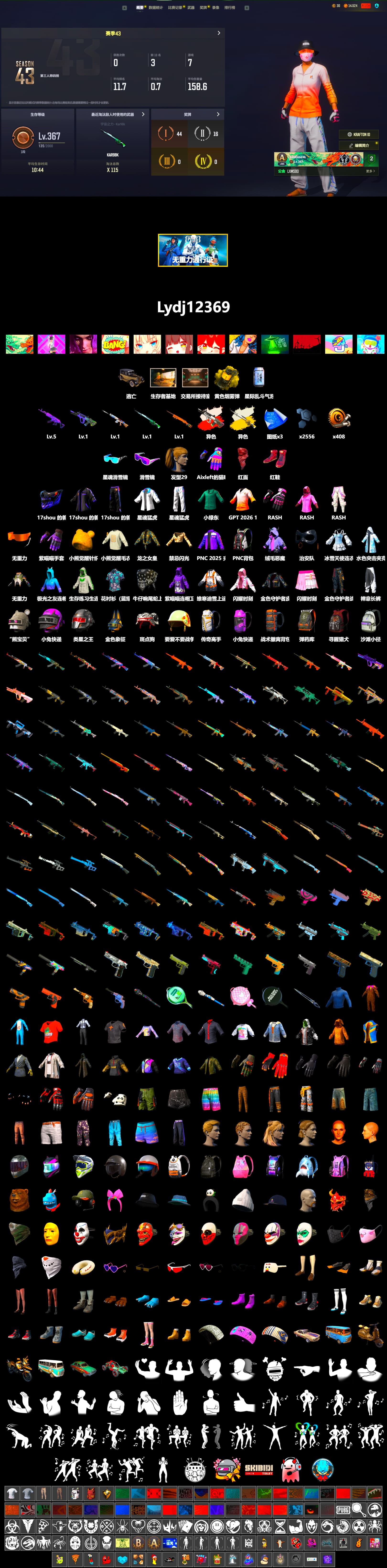 Neon Dream - AUG (White Orange), Cosmic Caliber - Kar98k (White Yellow), Yellow Smoke Grenade, Hi-top Trainers (Red), Snow Glasses, PLAYERUNKNOWN's Bandana, Heavy Fur Coat (Black), Rash Beixli Xtra Tough Jacket, Harley Quinn's Hair, Rash Beixli Xtra Tough Jacket, XingHun's Tiger Strike Jacket, XingHun's Tiger Strike Pants, Sideshow Bear Feet - 2