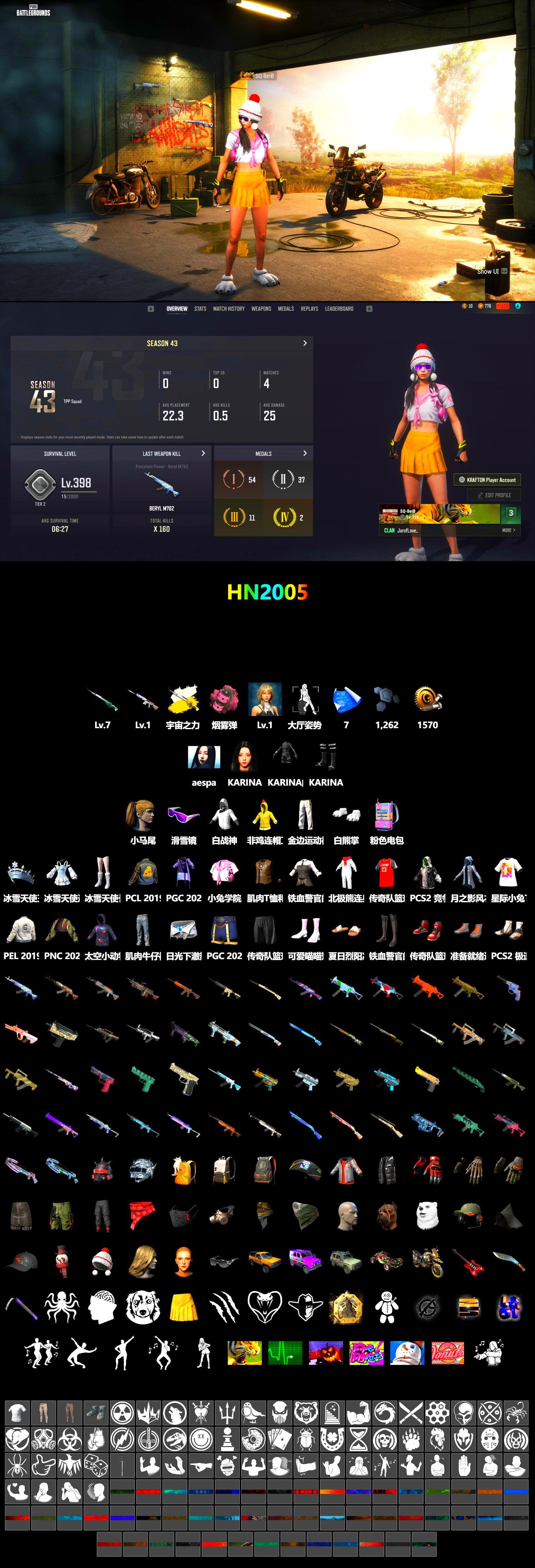 Cosmic Caliber - Kar98k (White Yellow), Cosmic Caliber - Kar98k, Pink Smoke Grenade, Snow Glasses, Aespa, Polar Bear Feet, Harley Quinn's Hair, PEL 2019 Phase 2 Jacket, Hanna - 2
